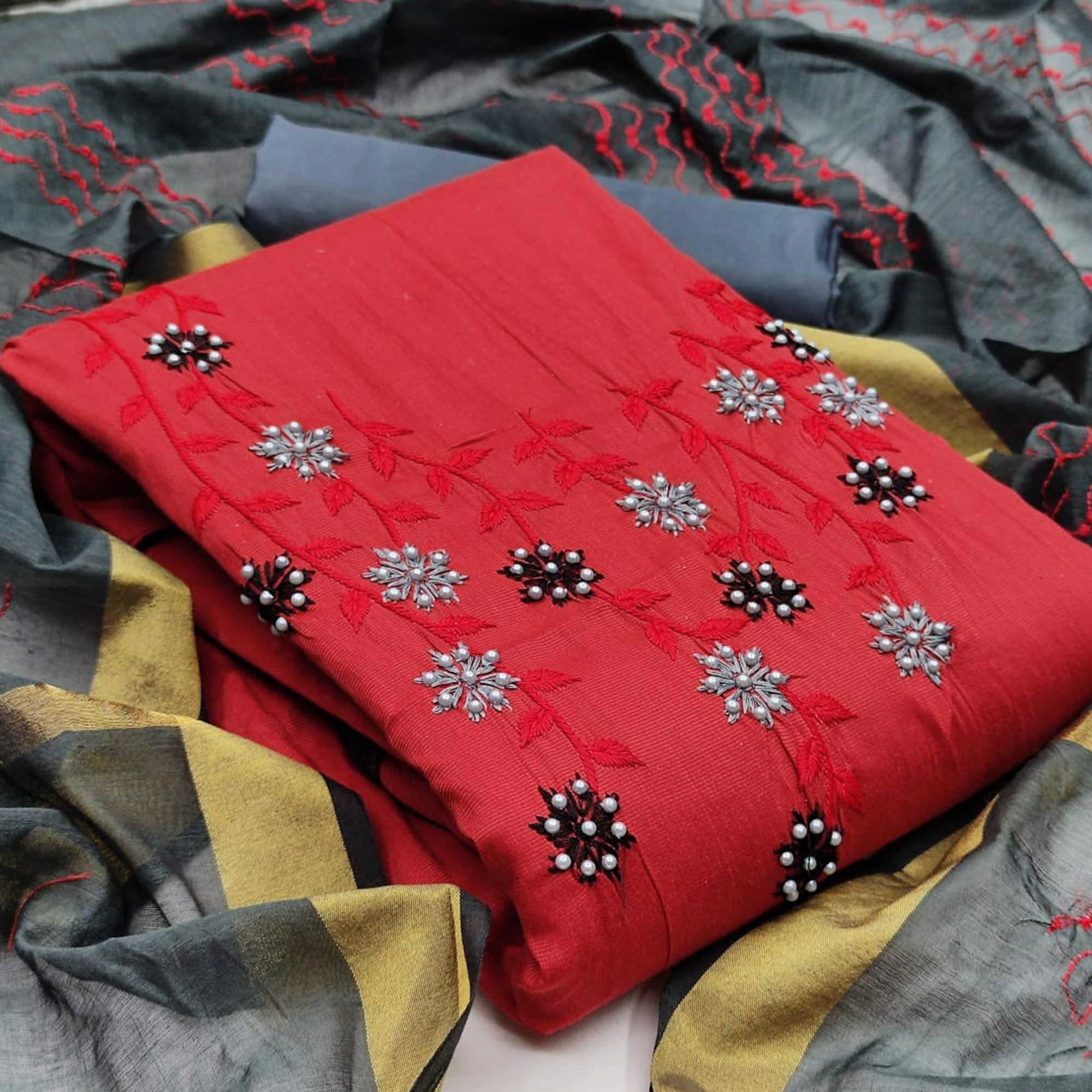 Graceful Red Colored Casual Wear Embroidered Cotton Dress Material - Peachmode