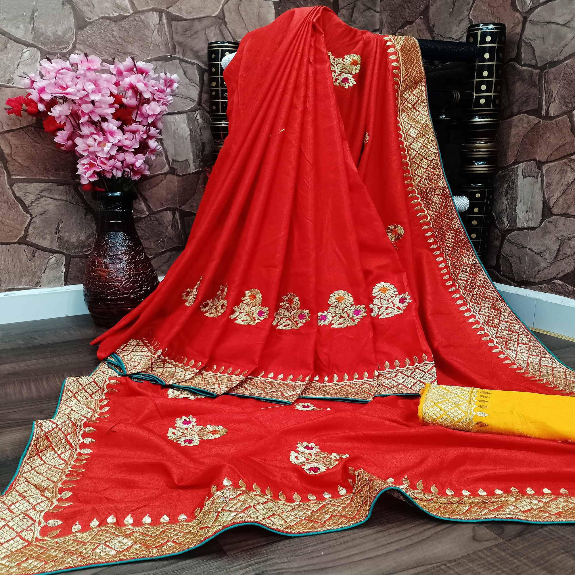 Graceful Red Colored Festive Wear Woven Dola Silk Saree - Peachmode