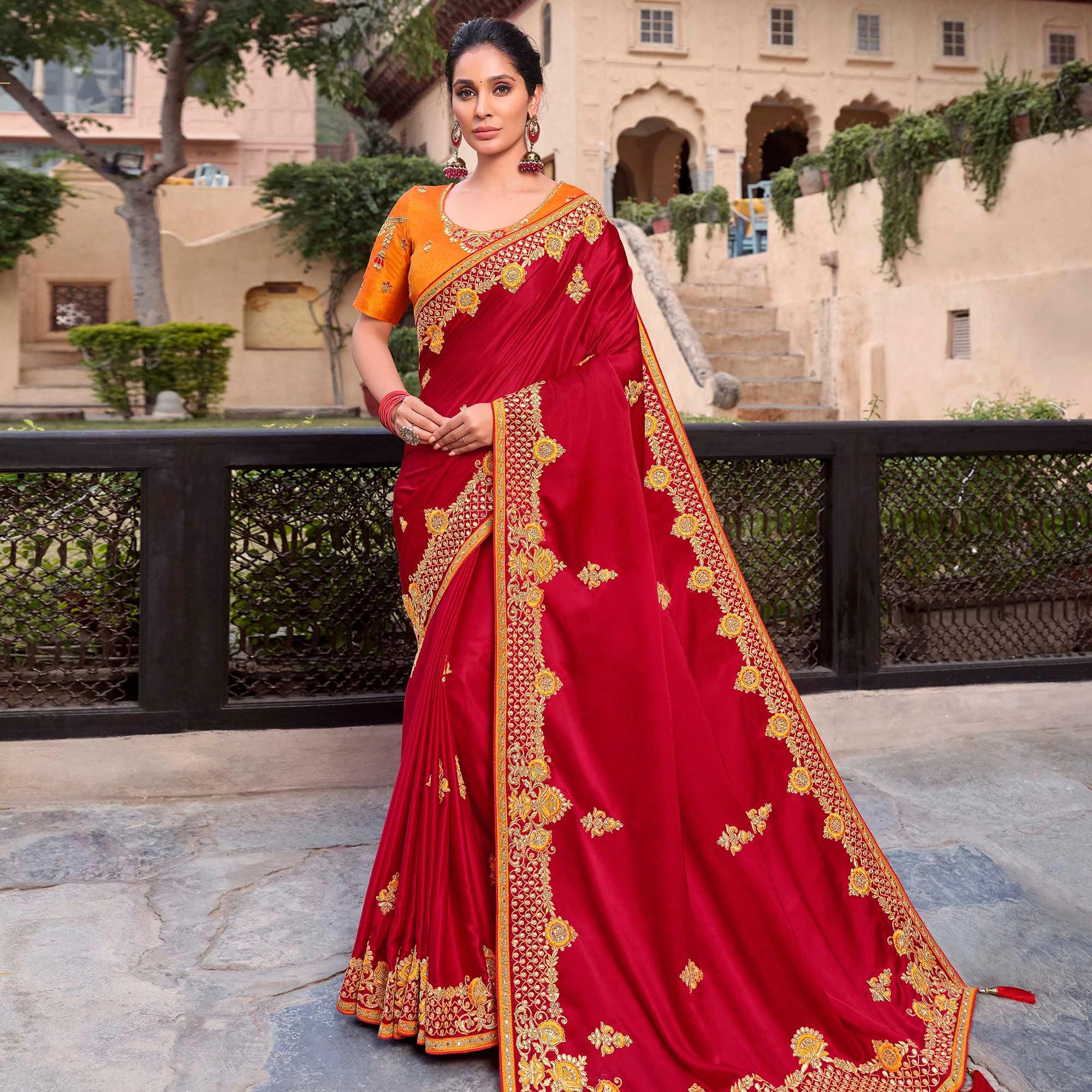 Graceful Red Colored Partywear Embroidered Satin - Gerogette Saree - Peachmode