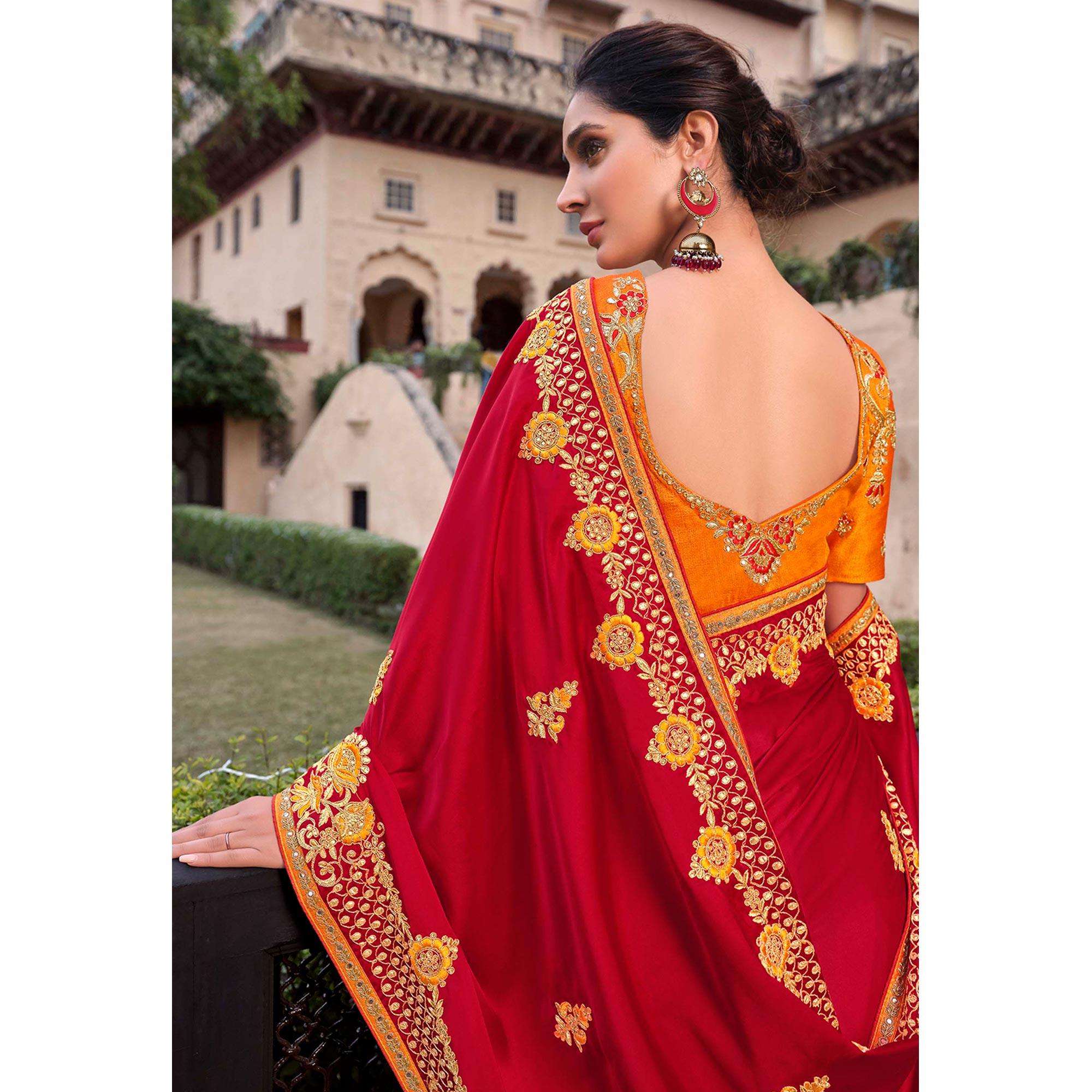 Graceful Red Colored Partywear Embroidered Satin - Gerogette Saree - Peachmode