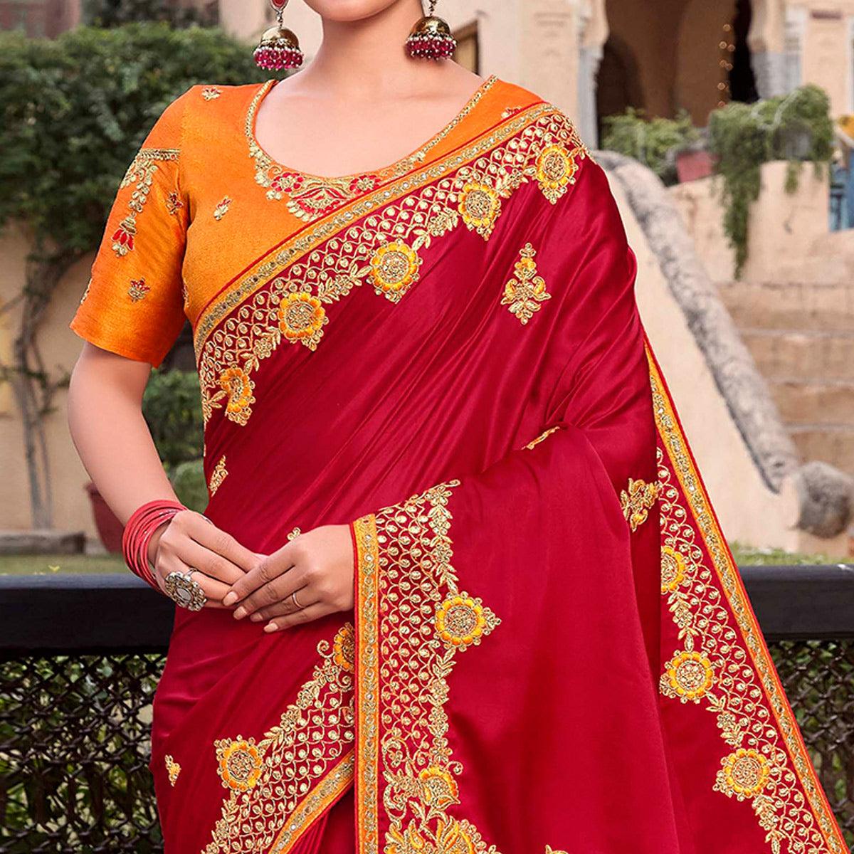 Graceful Red Colored Partywear Embroidered Satin - Gerogette Saree - Peachmode