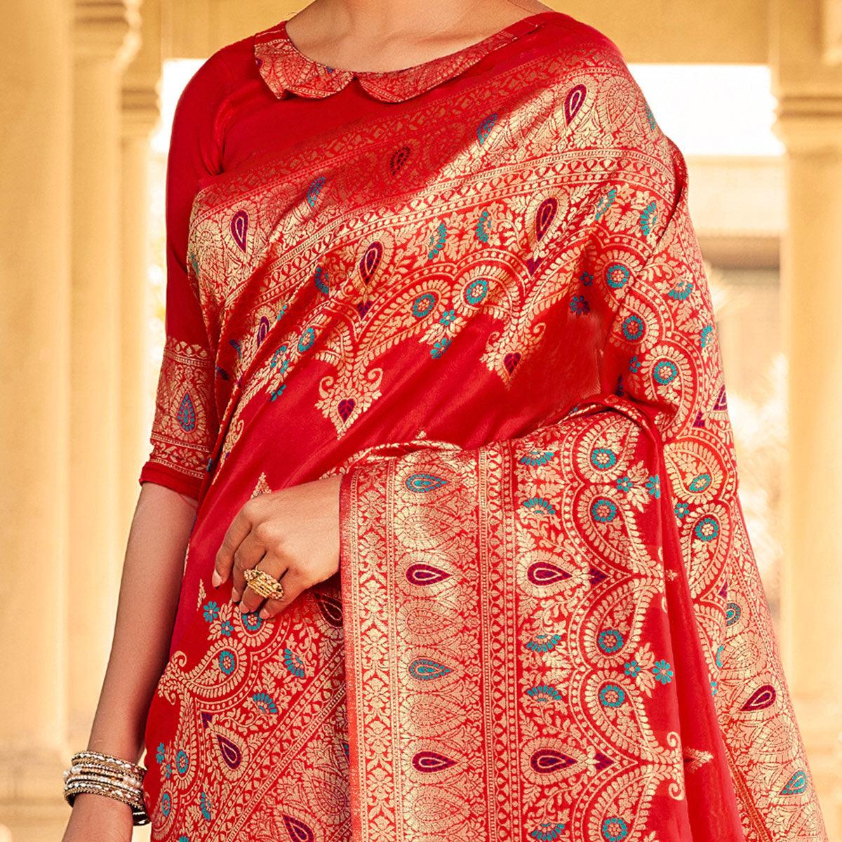 Graceful Red Coloured Designer Partywear Weaving Silk Saree - Peachmode