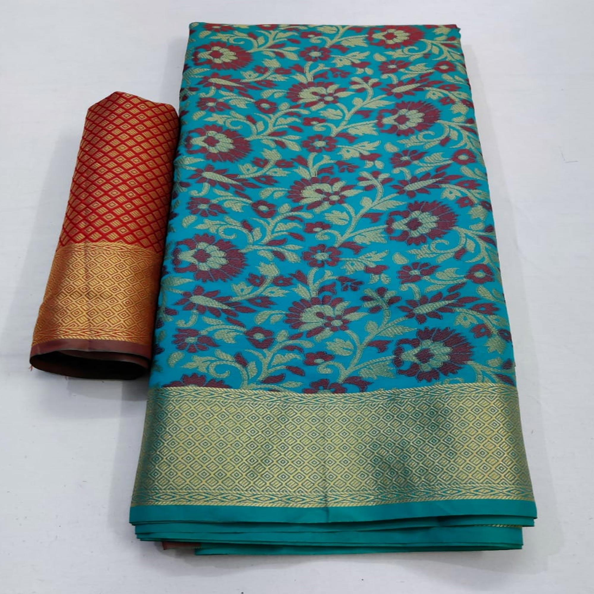 Graceful Sky Blue Colored Festive Wear Woven Patola Silk Saree - Peachmode