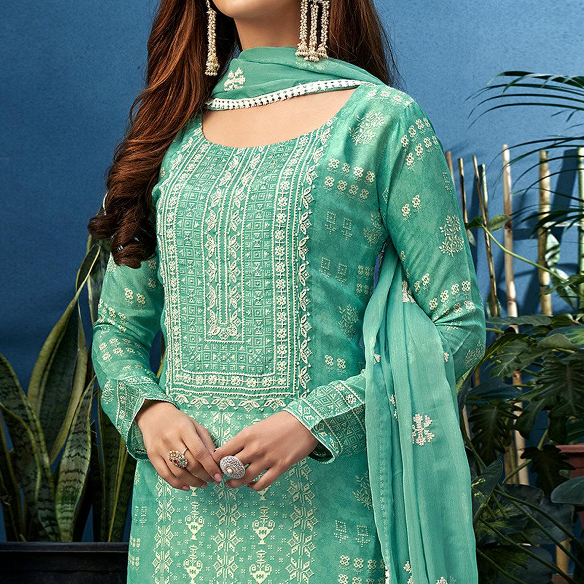 Graceful Turquoise Blue Colored Partywear Digital Printed Pure Muslin Palazzo Suit - Peachmode