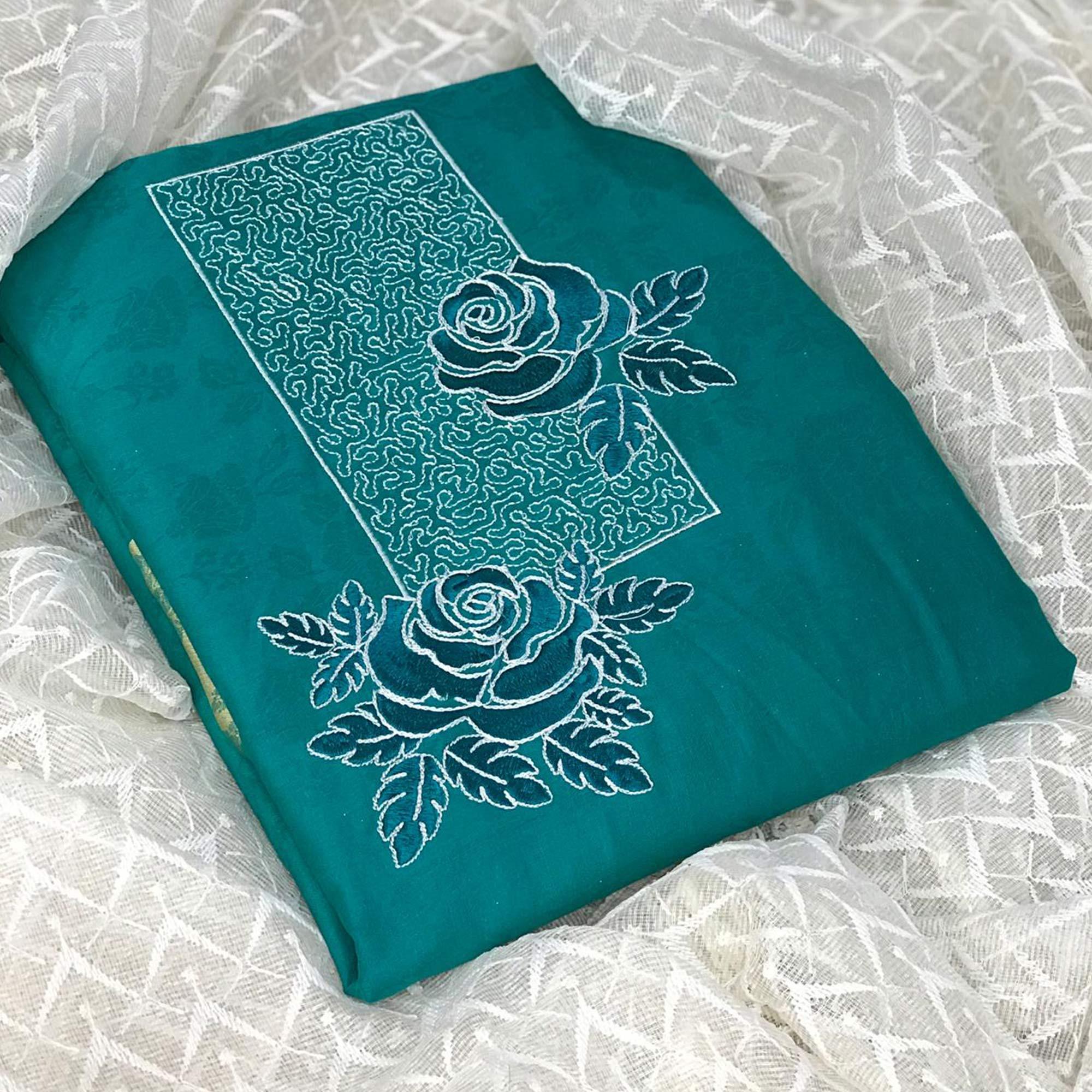 Graceful Turquoise Green Colored Casual Embroidered Cotton Dress Material - Peachmode