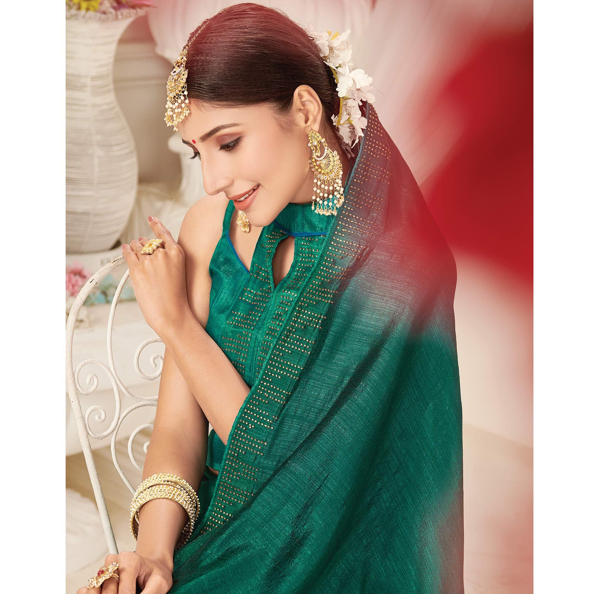 Graceful Turquoise Green Colored Partywear Emboidered Vichitra Silk Saree - Peachmode