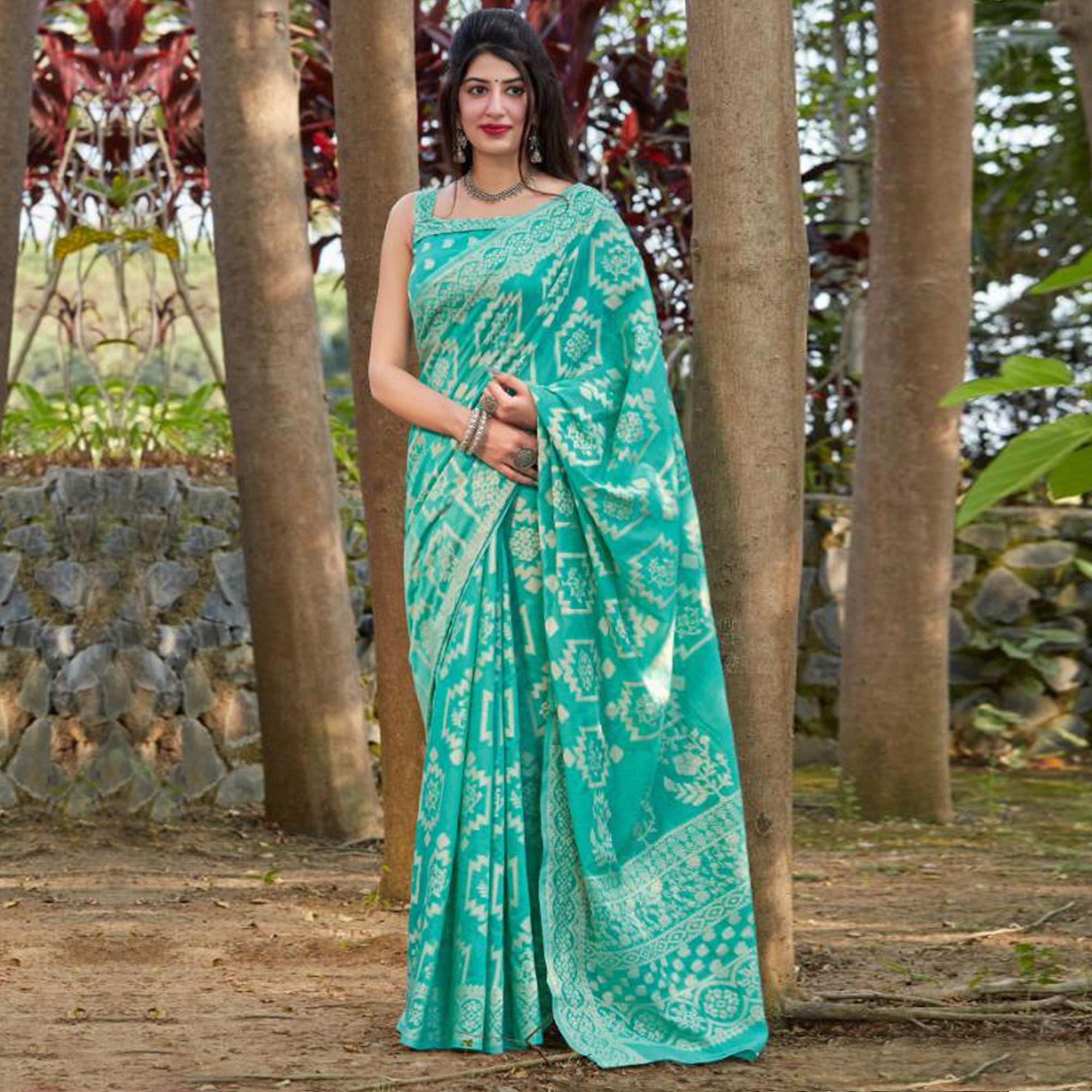 Graceful Turquooise Coloured Casual Wear Printed Lakhnavi Cotton Silk Saree - Peachmode