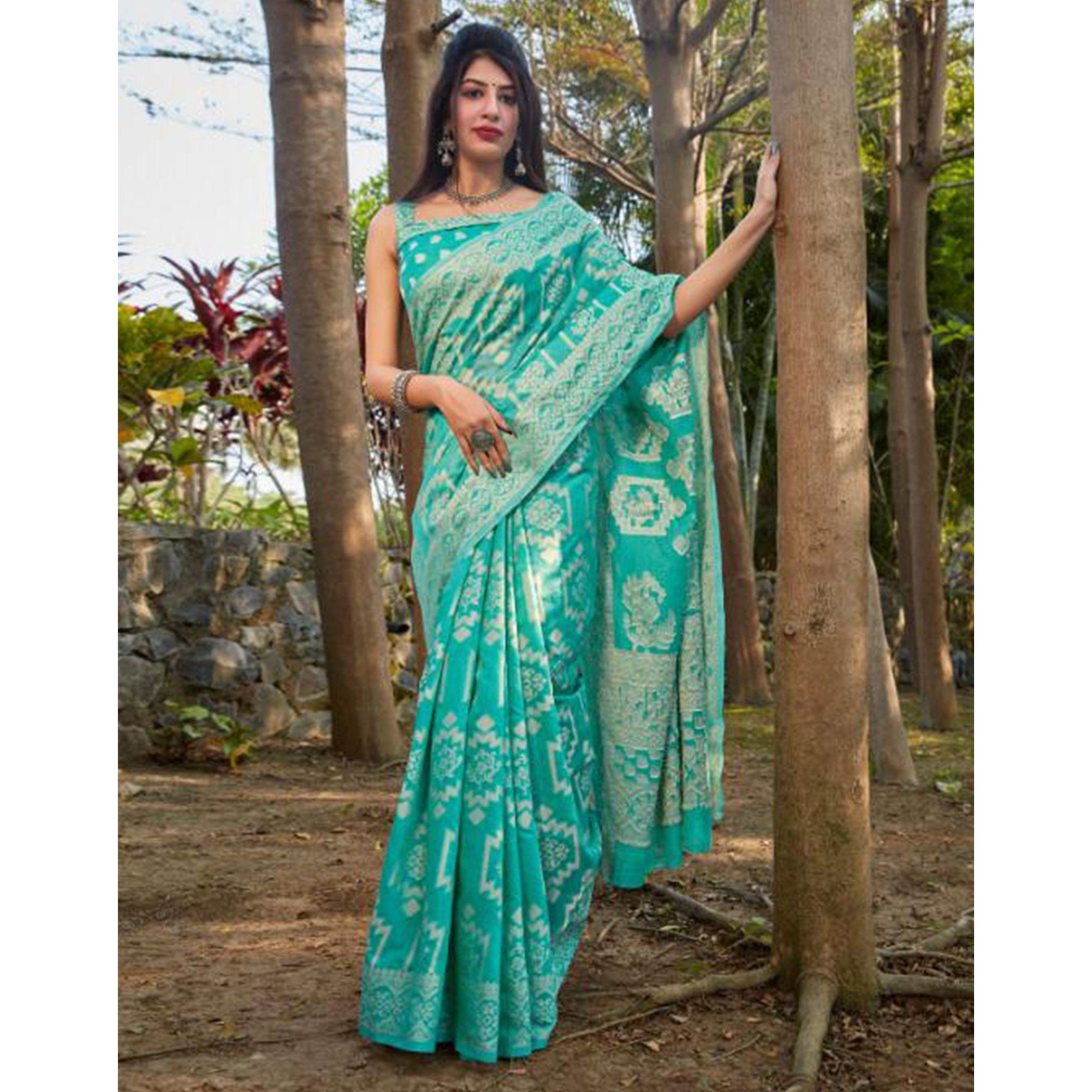 Graceful Turquooise Coloured Casual Wear Printed Lakhnavi Cotton Silk Saree - Peachmode