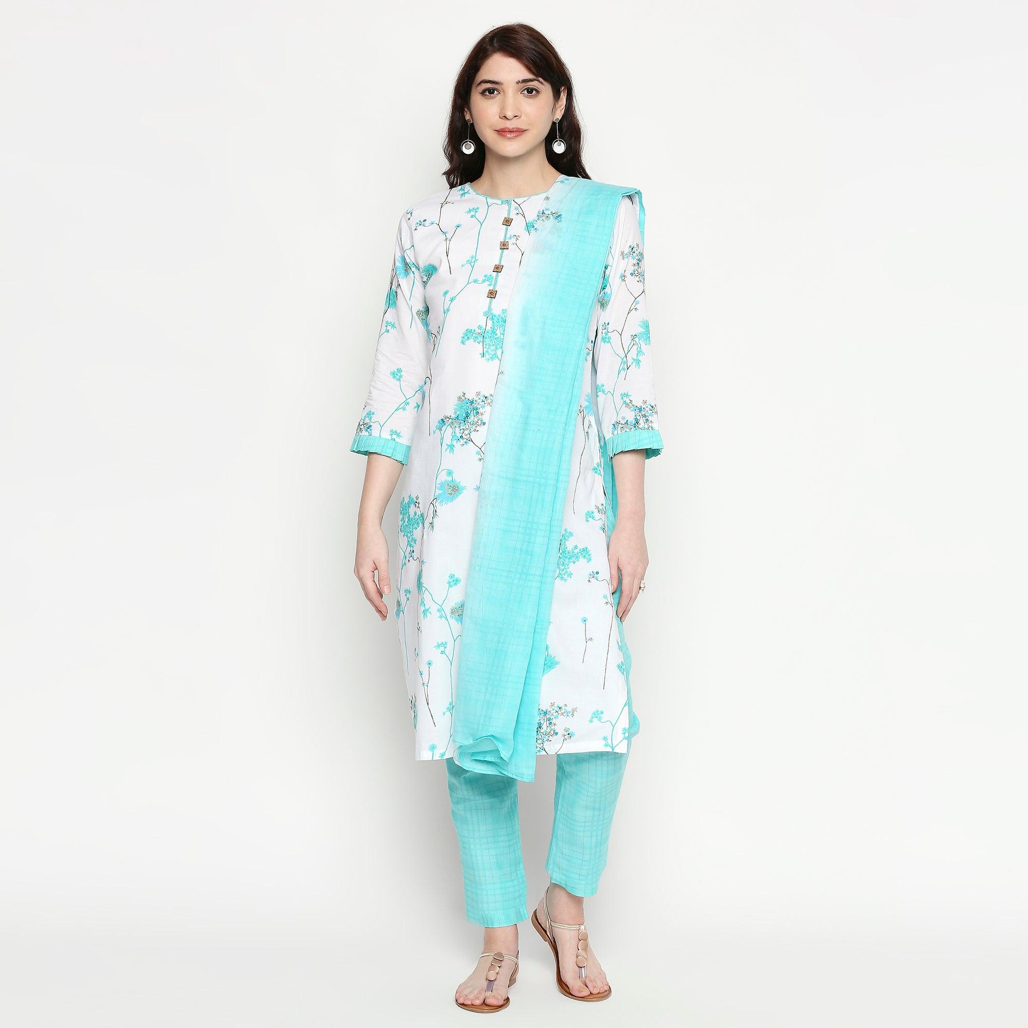 Graceful White-Blue Colored Casual Wear Floral Printed Cotton Kurti-Pant Set With Dupatta - Peachmode