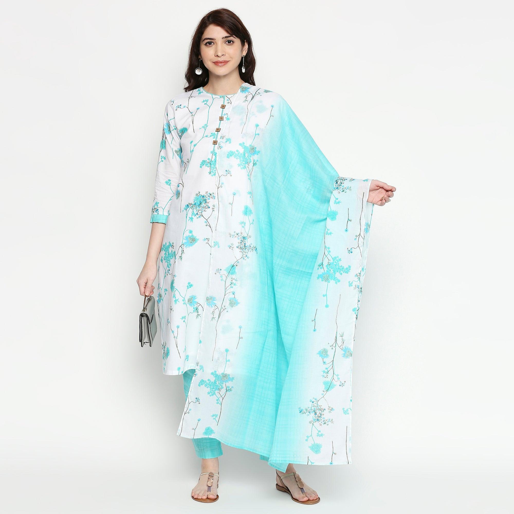 Graceful White-Blue Colored Casual Wear Floral Printed Cotton Kurti-Pant Set With Dupatta - Peachmode