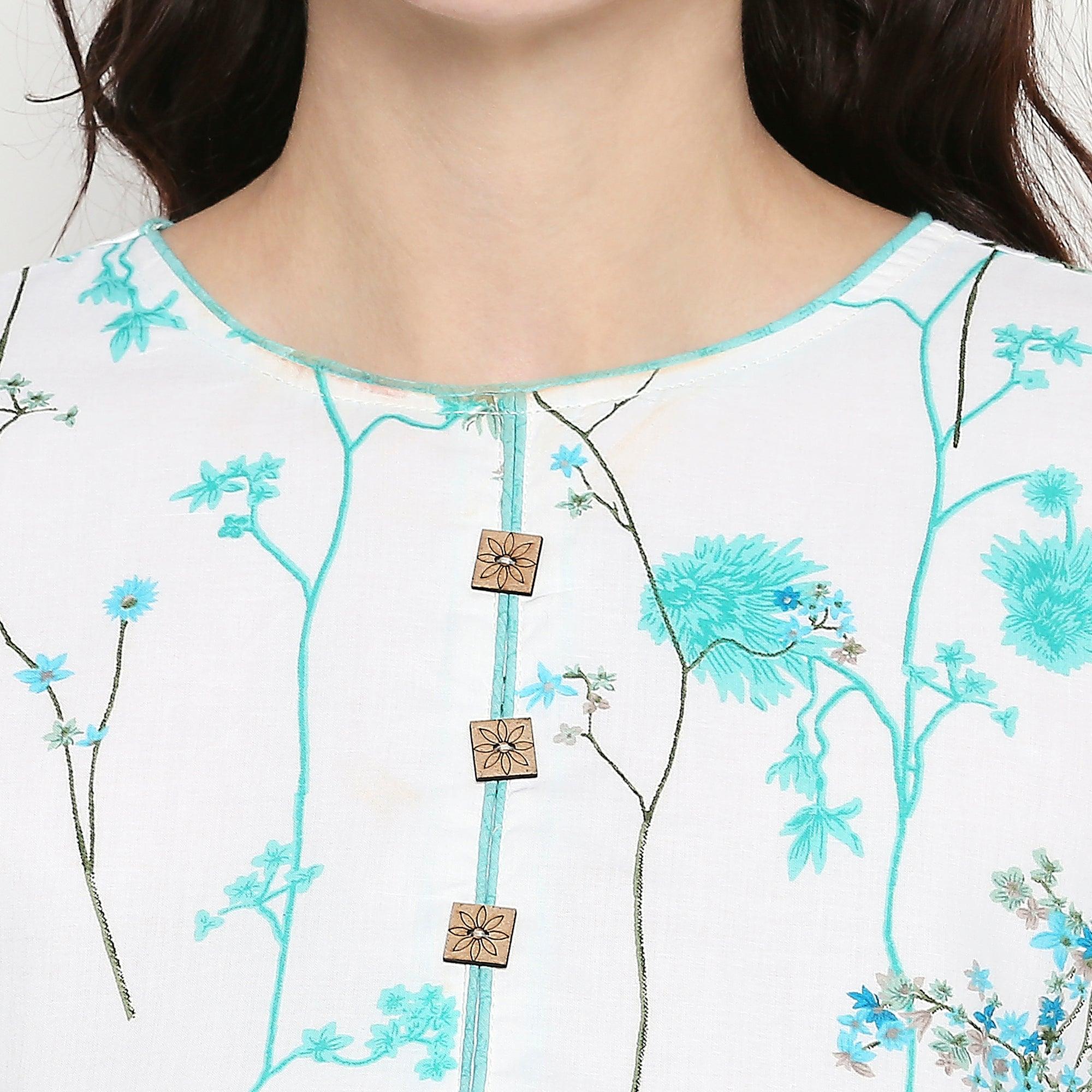 Graceful White-Blue Colored Casual Wear Floral Printed Cotton Kurti-Pant Set With Dupatta - Peachmode