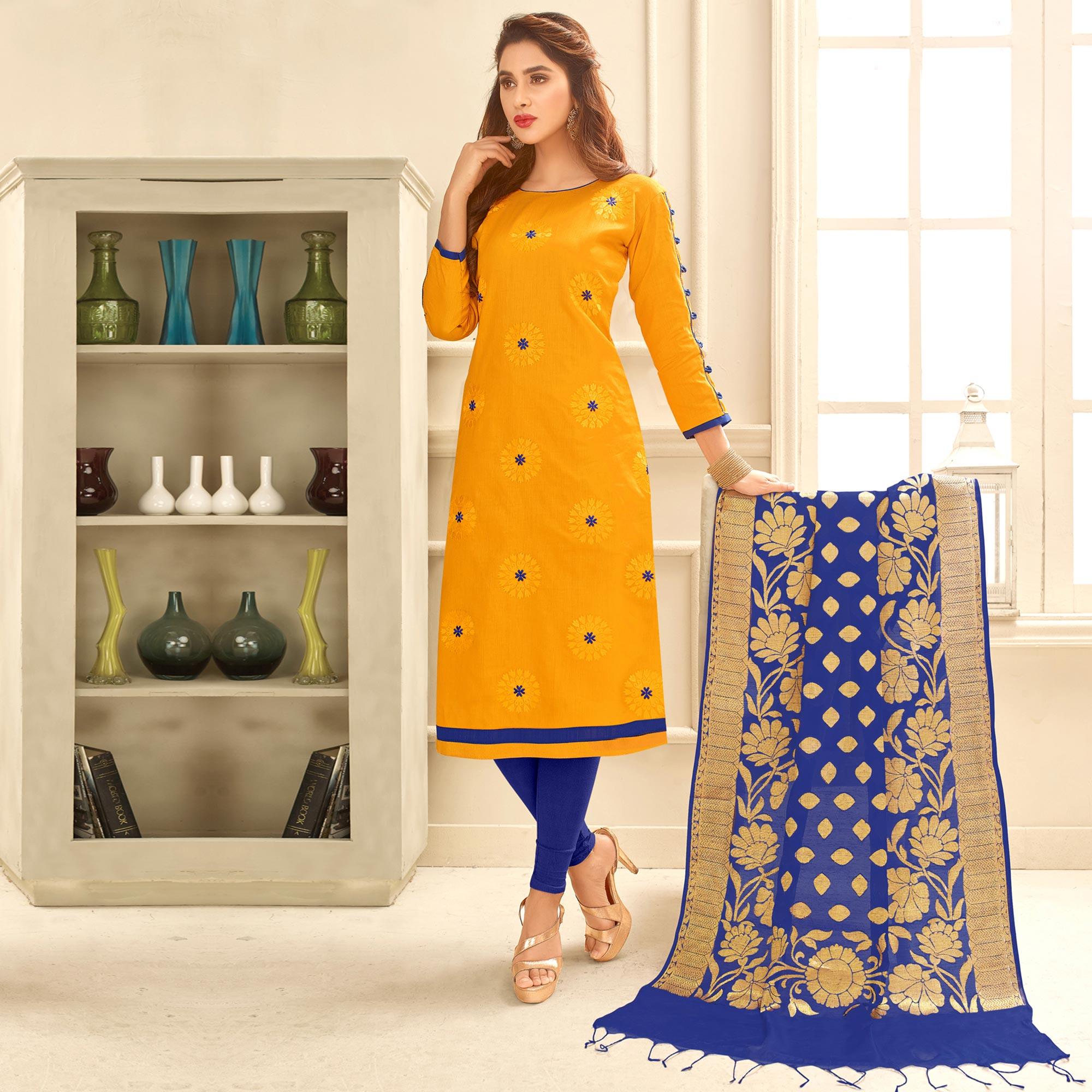 Graceful Yellow Colored Partywear Embroidered Cotton Suit With Pure Banarasi Silk Dupatta - Peachmode