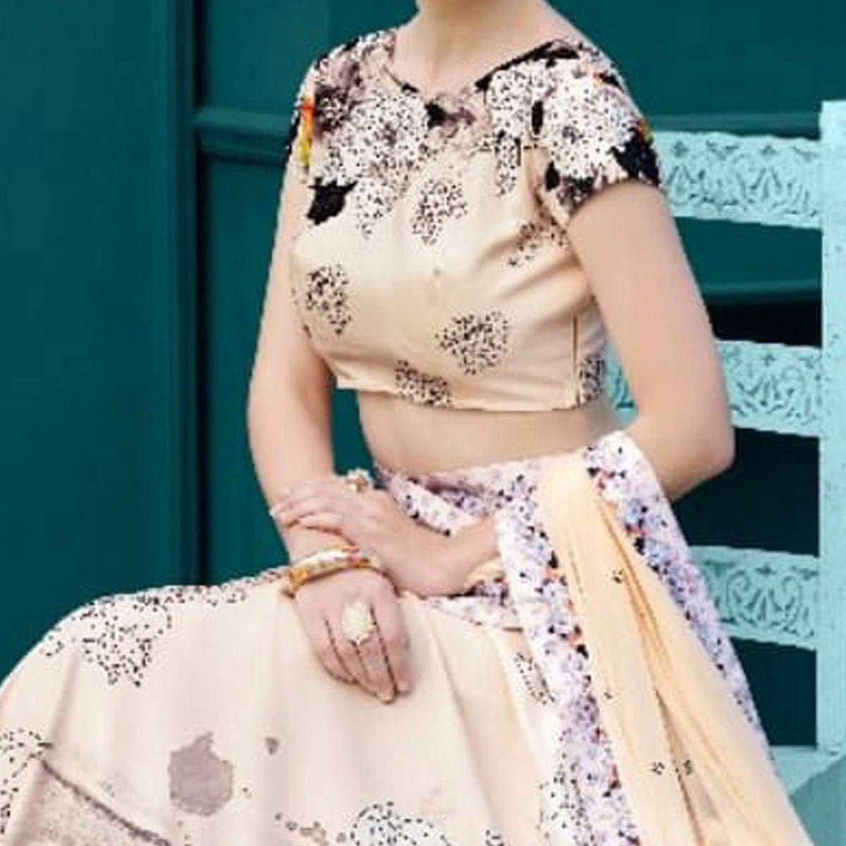 Gratifying Cream Colored Designer Partywear Digital Printed Silk Lehenga Choli - Peachmode