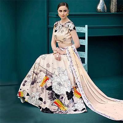 Gratifying Cream Colored Designer Partywear Digital Printed Silk Lehenga Choli - Peachmode