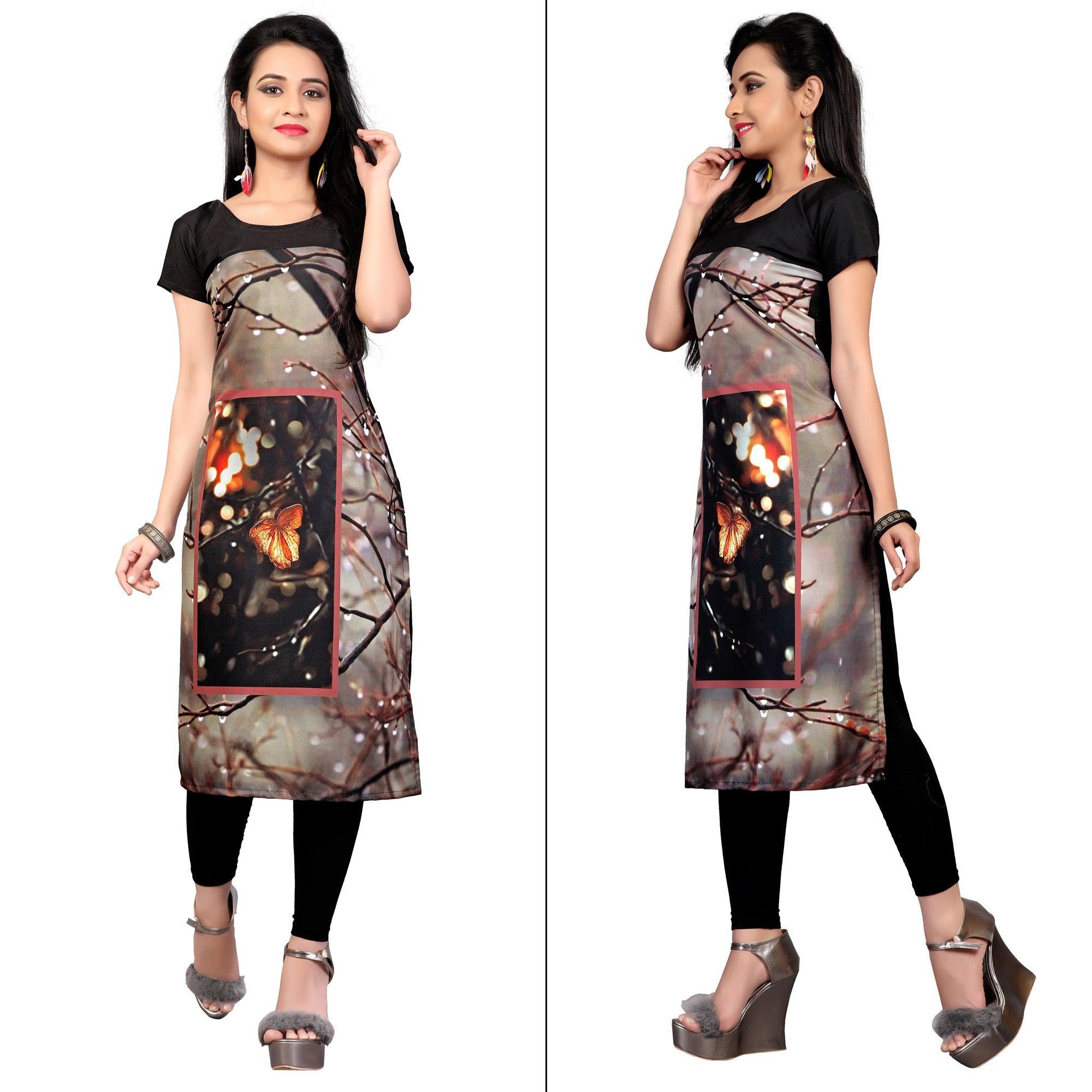 Gray Digital Printed Crepe Kurti - Peachmode