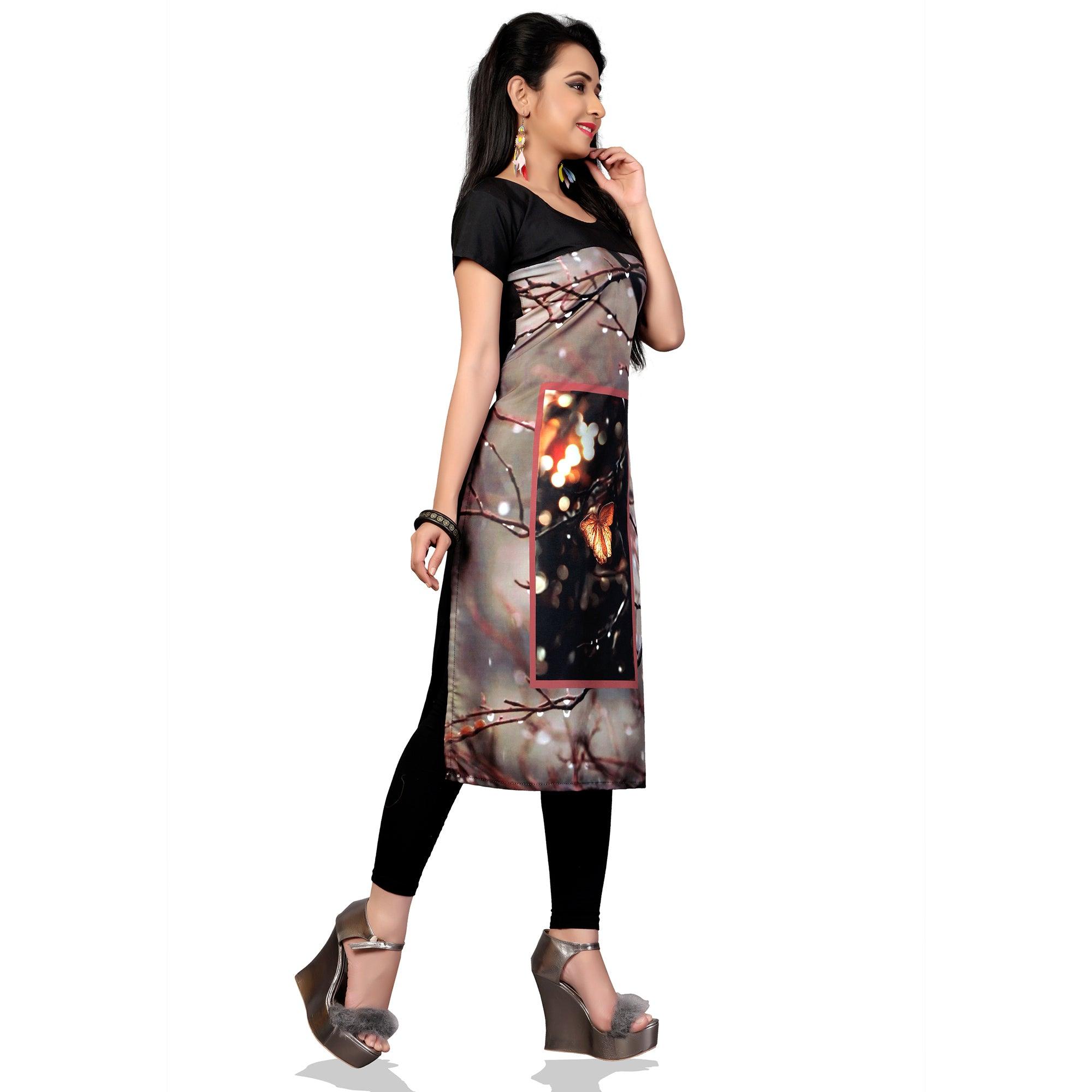Gray Digital Printed Crepe Kurti - Peachmode