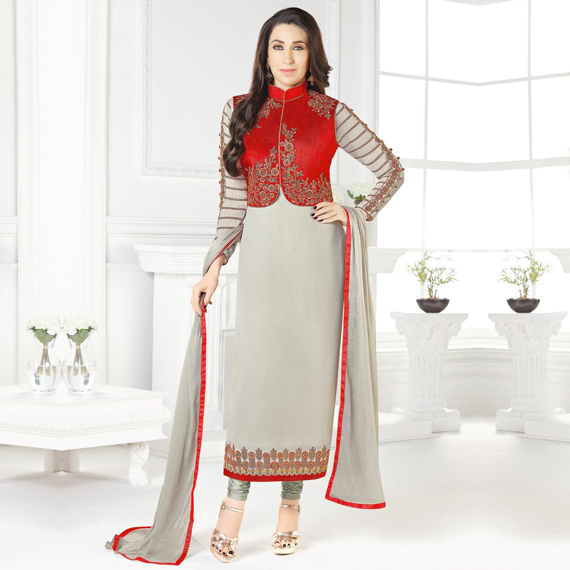 Gray Embroidered Georgette Salwar Suit - Peachmode