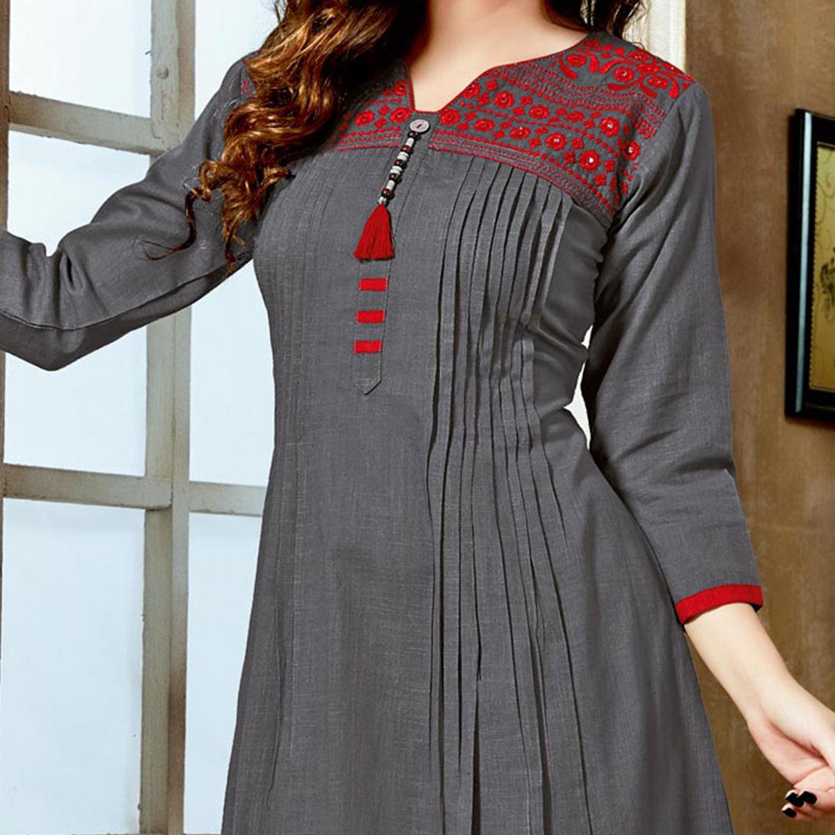 Gray Embroidered Pure Cotton Kurti - Peachmode