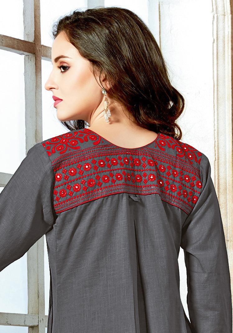 Gray Embroidered Pure Cotton Kurti - Peachmode