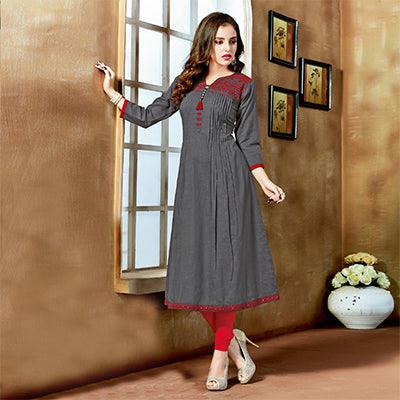 Gray Embroidered Pure Cotton Kurti - Peachmode