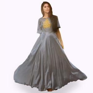 Gray Floral Embroidered Tapeta Silk Gown - Peachmode