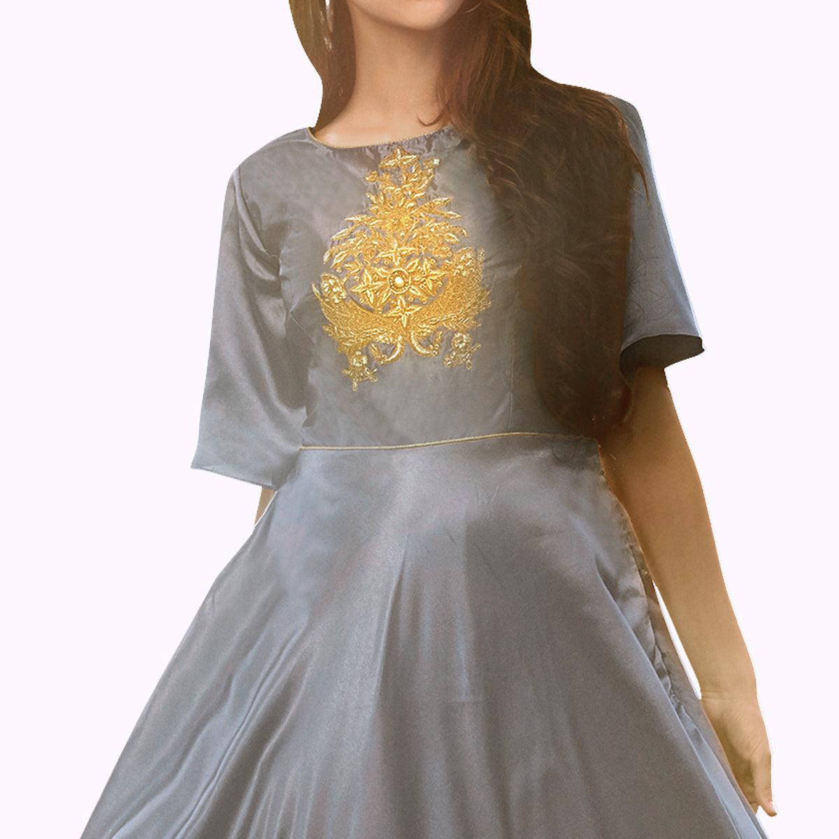 Gray Floral Embroidered Tapeta Silk Gown - Peachmode