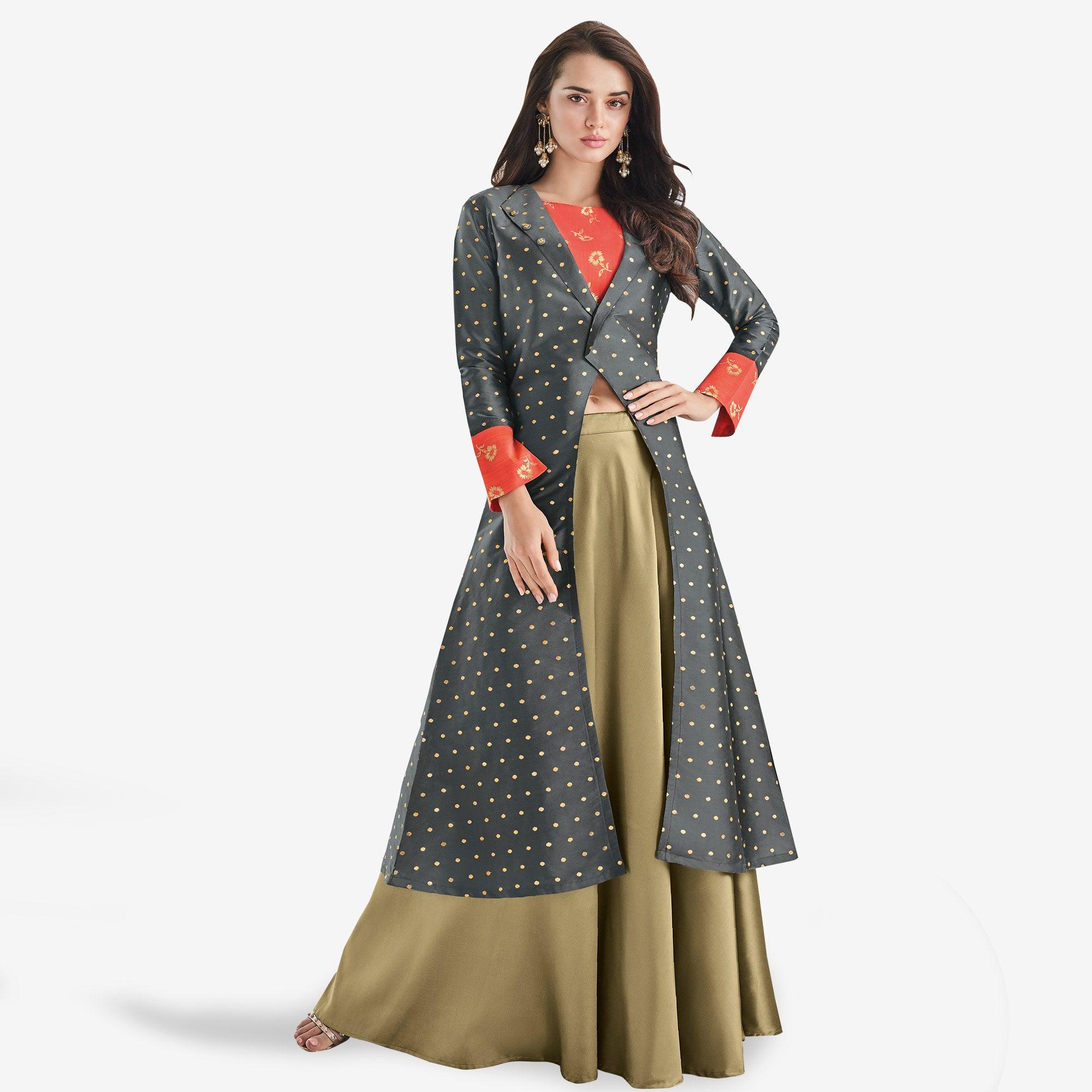 Gray-Mehendi Green Printed Raw Silk Lehenga Choli With Koti - Peachmode