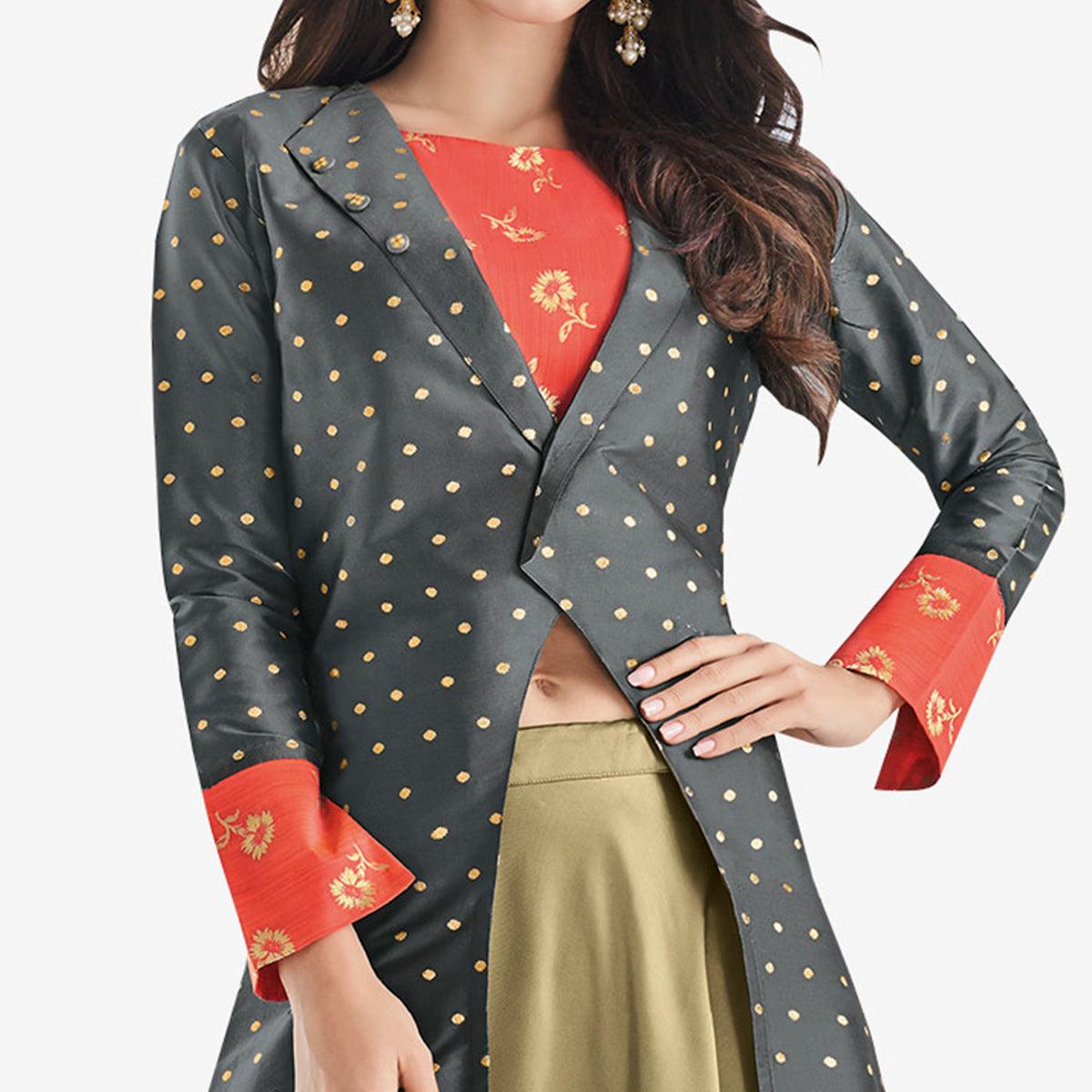 Gray-Mehendi Green Printed Raw Silk Lehenga Choli With Koti - Peachmode