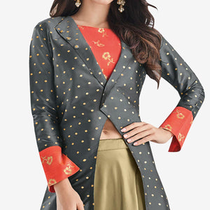 Gray-Mehendi Green Printed Raw Silk Lehenga Choli With Koti - Peachmode
