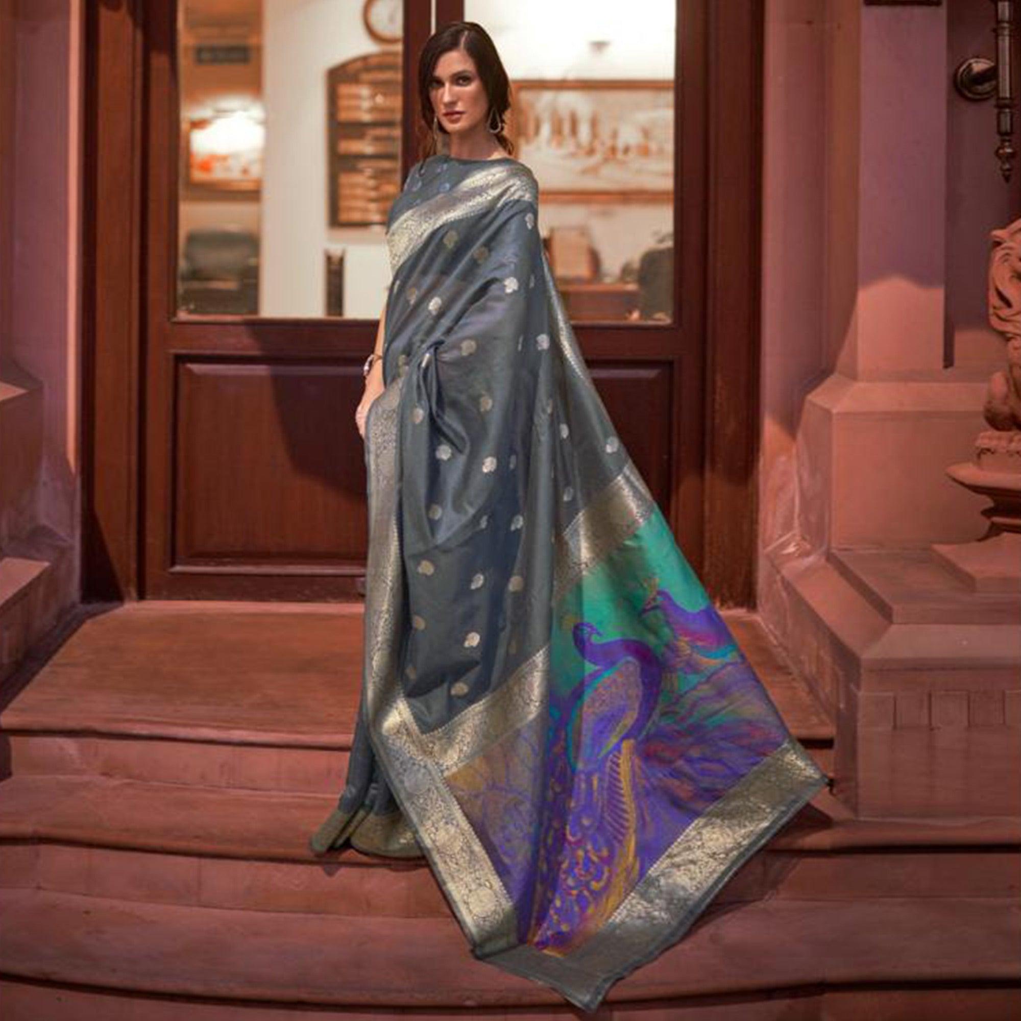 Gray Partywear Woven Silk Saree - Peachmode