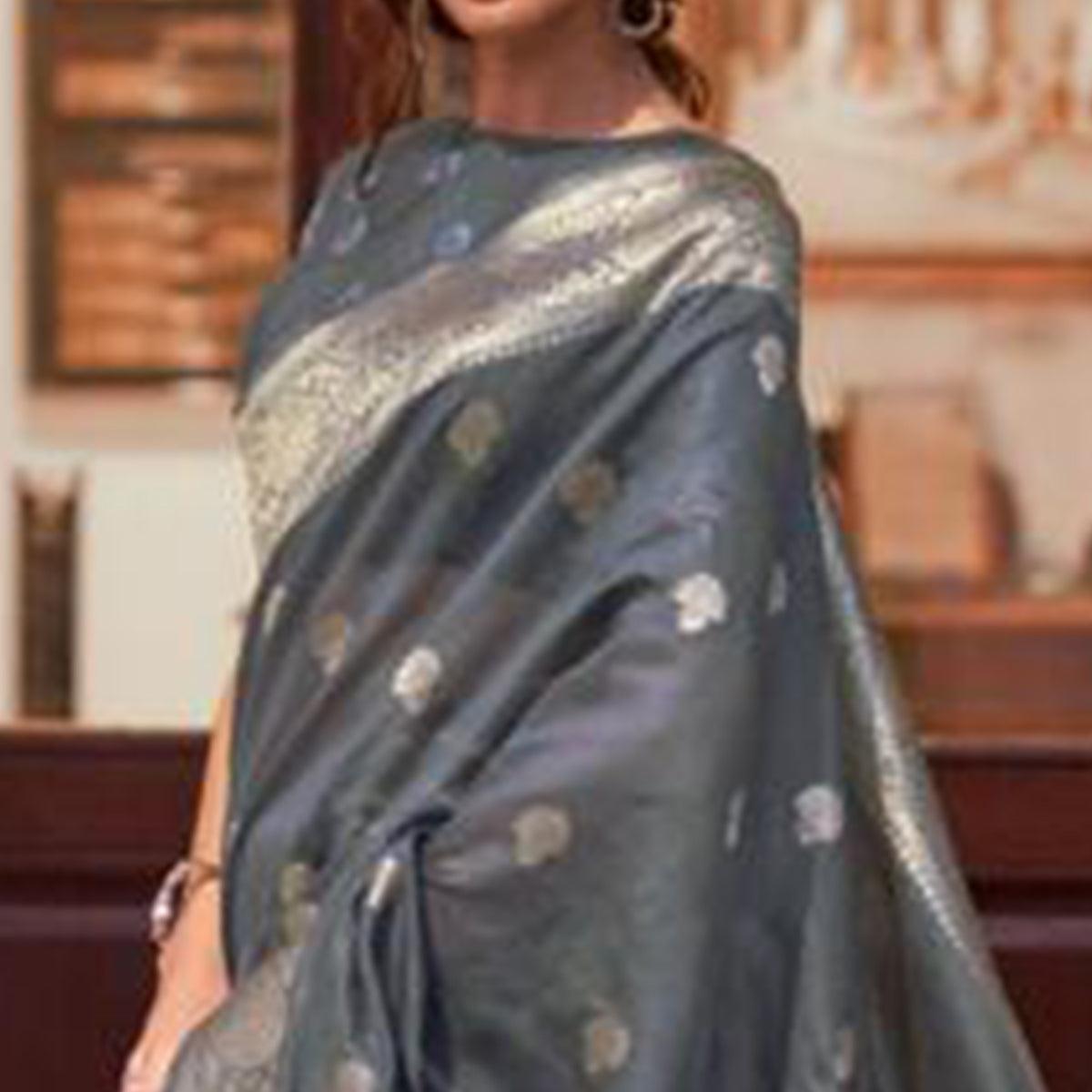 Gray Partywear Woven Silk Saree - Peachmode