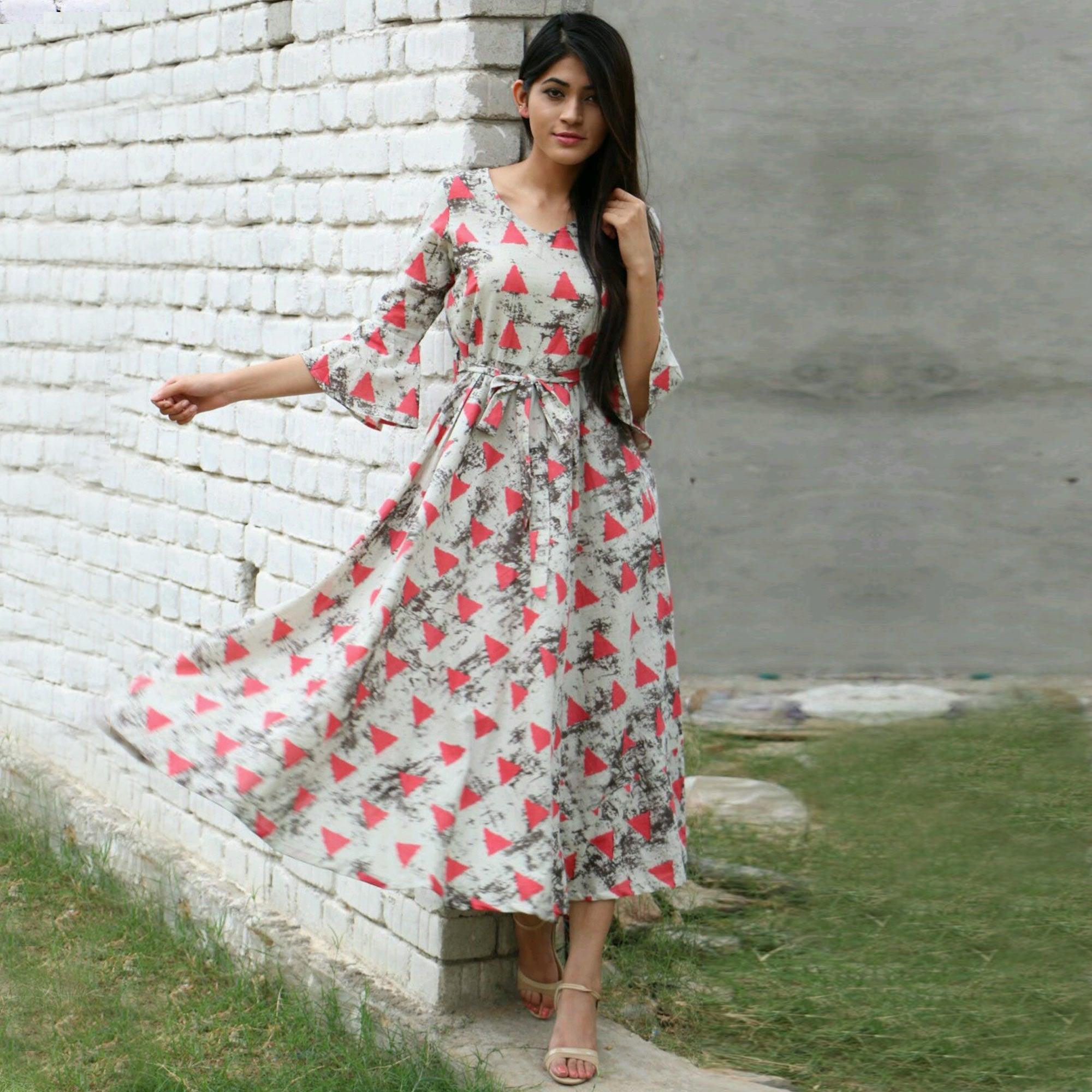 Gray-Pink Printed Rayon Dress - Peachmode