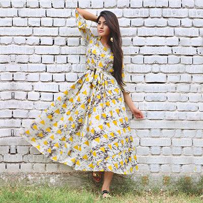 Gray-Yellow Printed Rayon Dress - Peachmode