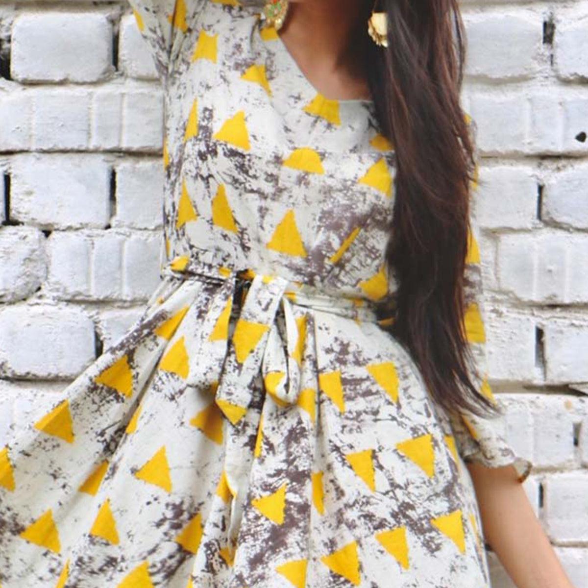 Gray-Yellow Printed Rayon Dress - Peachmode