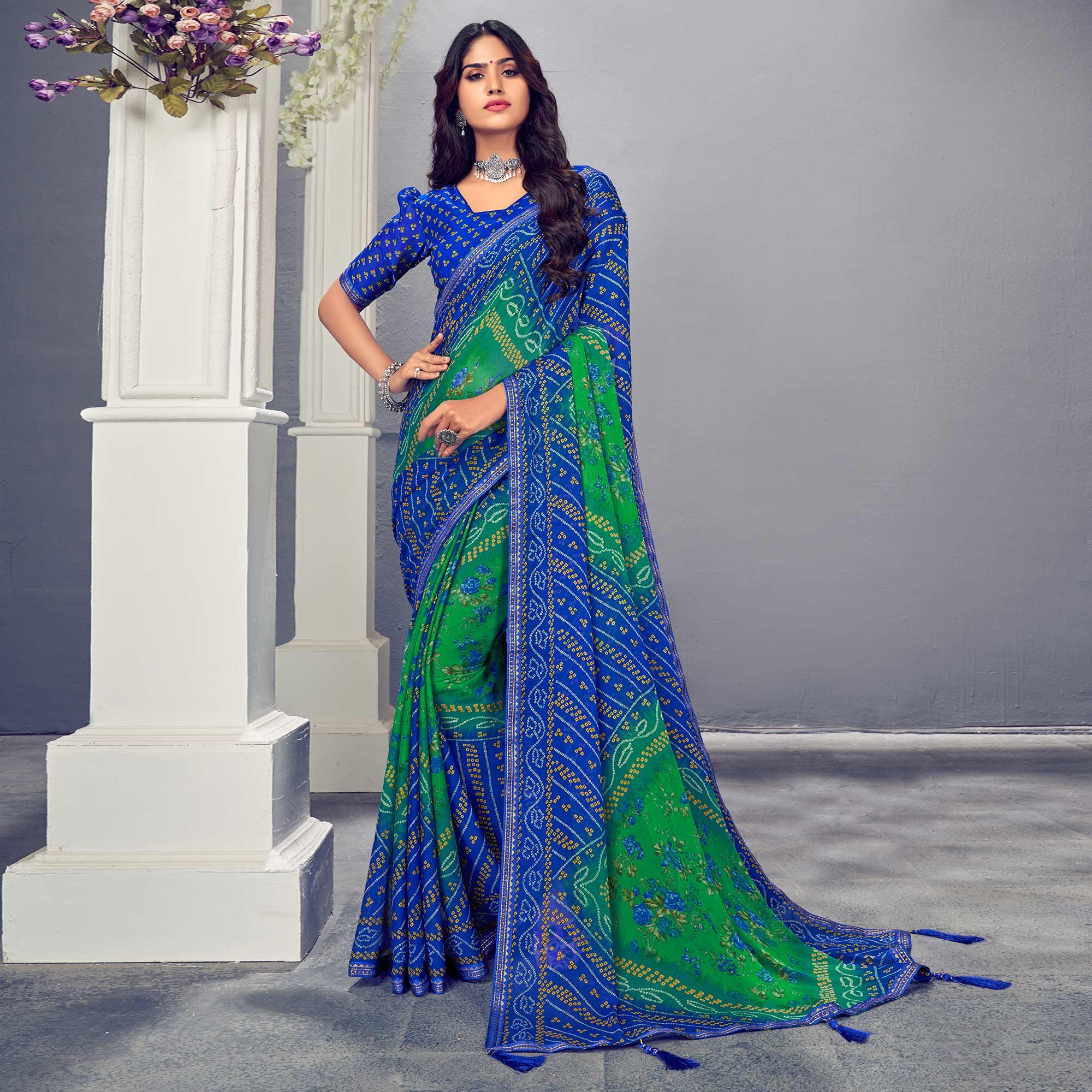 Green & Blue Bandhani Printed Chiffon Saree With Tassels - Peachmode