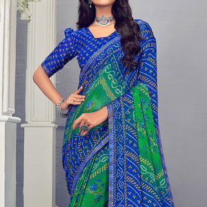 Green & Blue Bandhani Printed Chiffon Saree With Tassels - Peachmode
