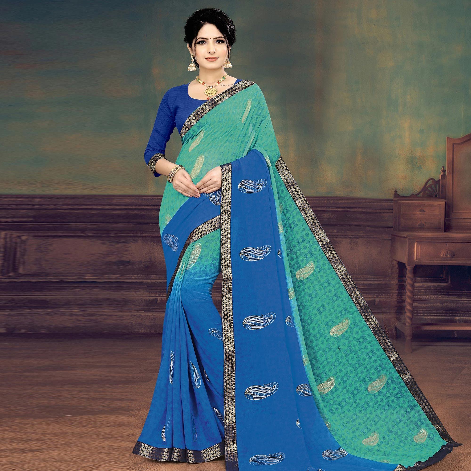 Green And Blue Casual Wear Printed Half Half Georgette Designer Saree - Peachmode