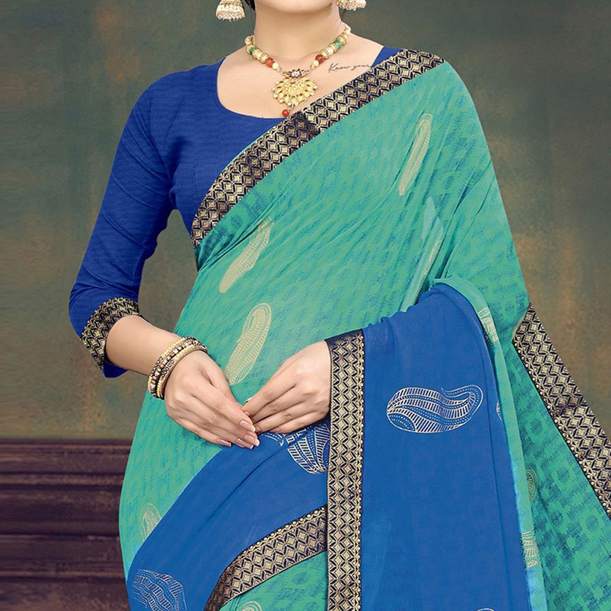 Green And Blue Casual Wear Printed Half Half Georgette Designer Saree - Peachmode