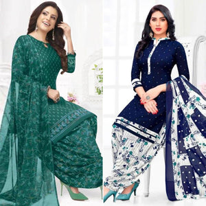 Green And Blue Patiala Crepe Dress Material Pack Of 2 - Peachmode