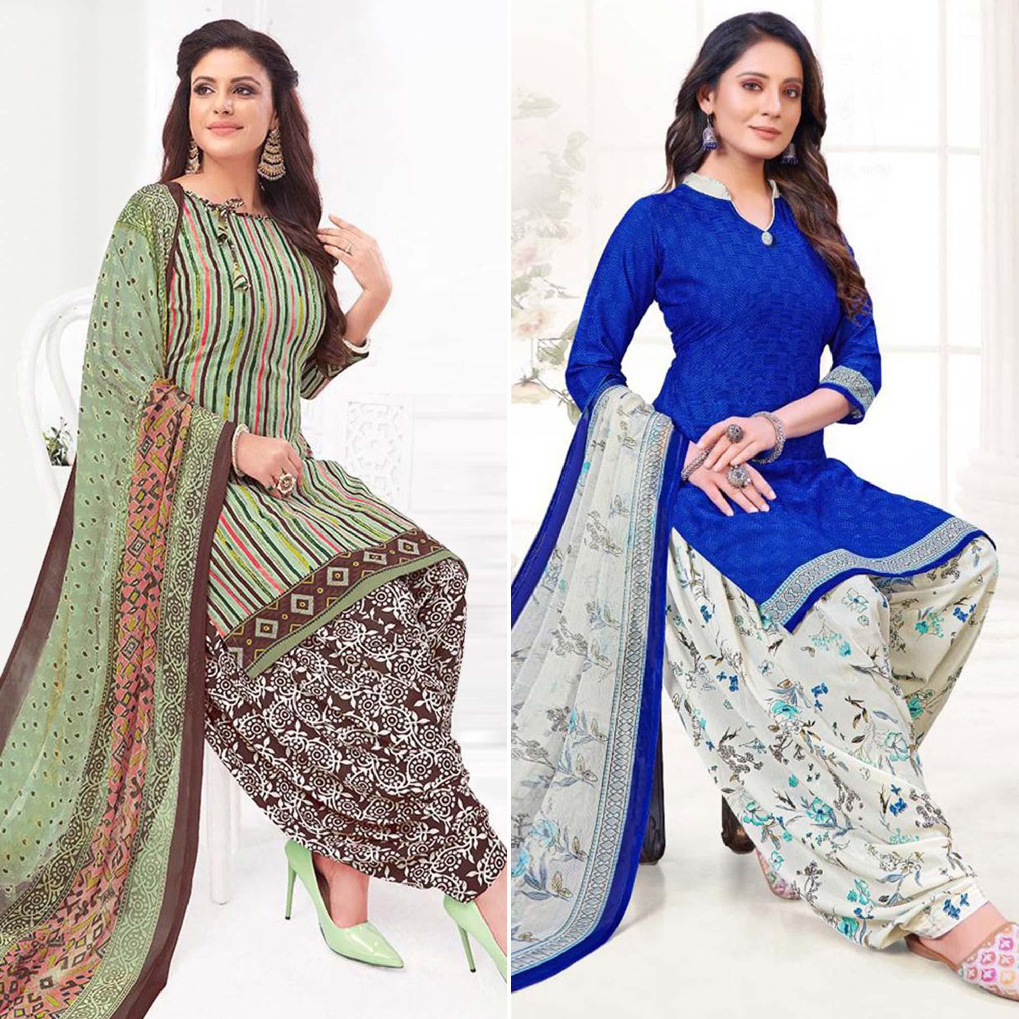 Green And Blue Patiala Crepe Dress Material Pack Of 2 - Peachmode
