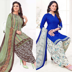 Green And Blue Patiala Crepe Dress Material Pack Of 2 - Peachmode