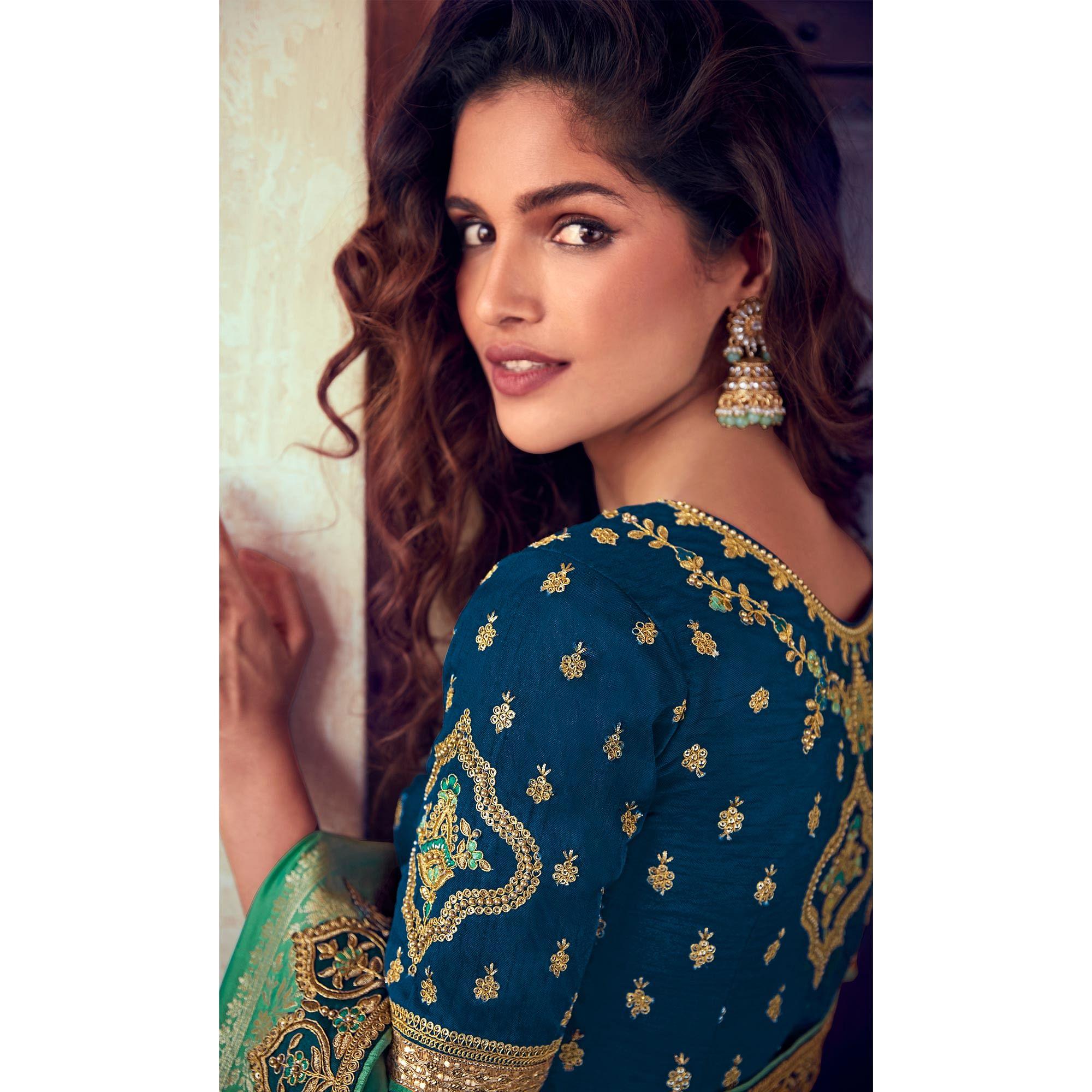 Green & Blue Wedding Wear Woven & Embroidered Silk Lehenga Choli - Peachmode