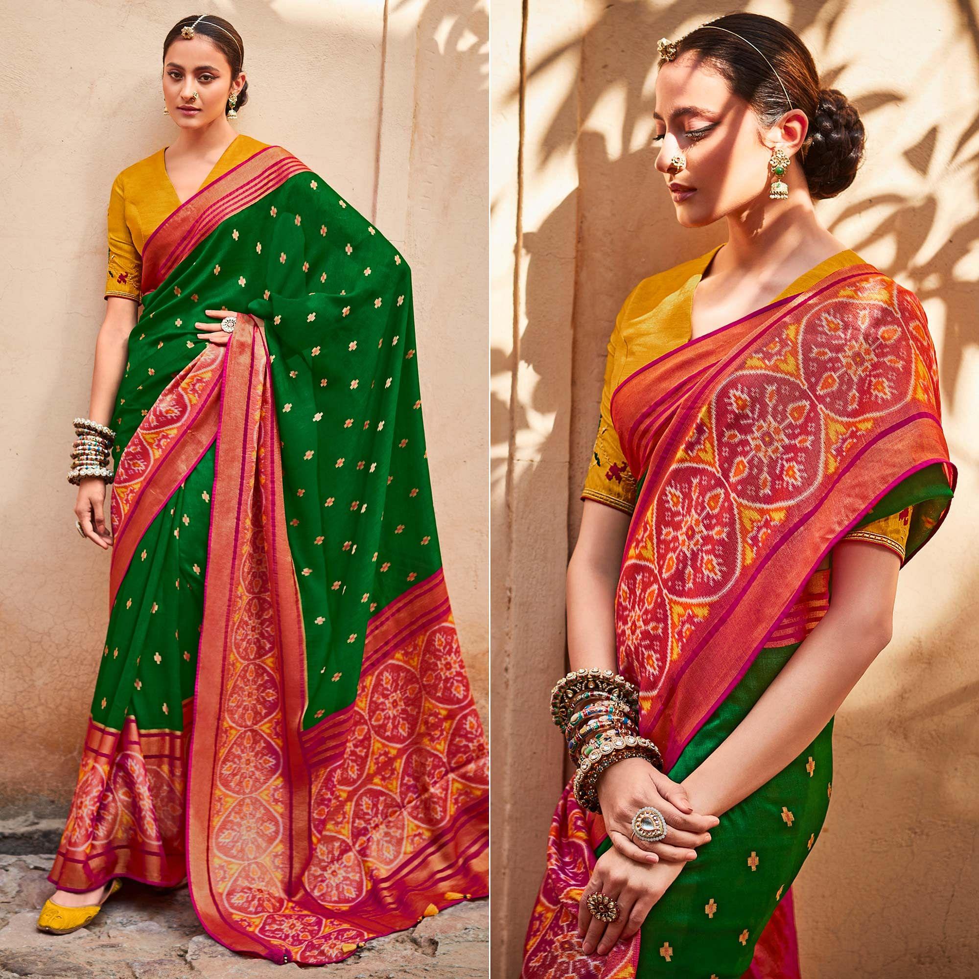 Green & Fuchsia Festive Wear Printed Silk Saree - Peachmode