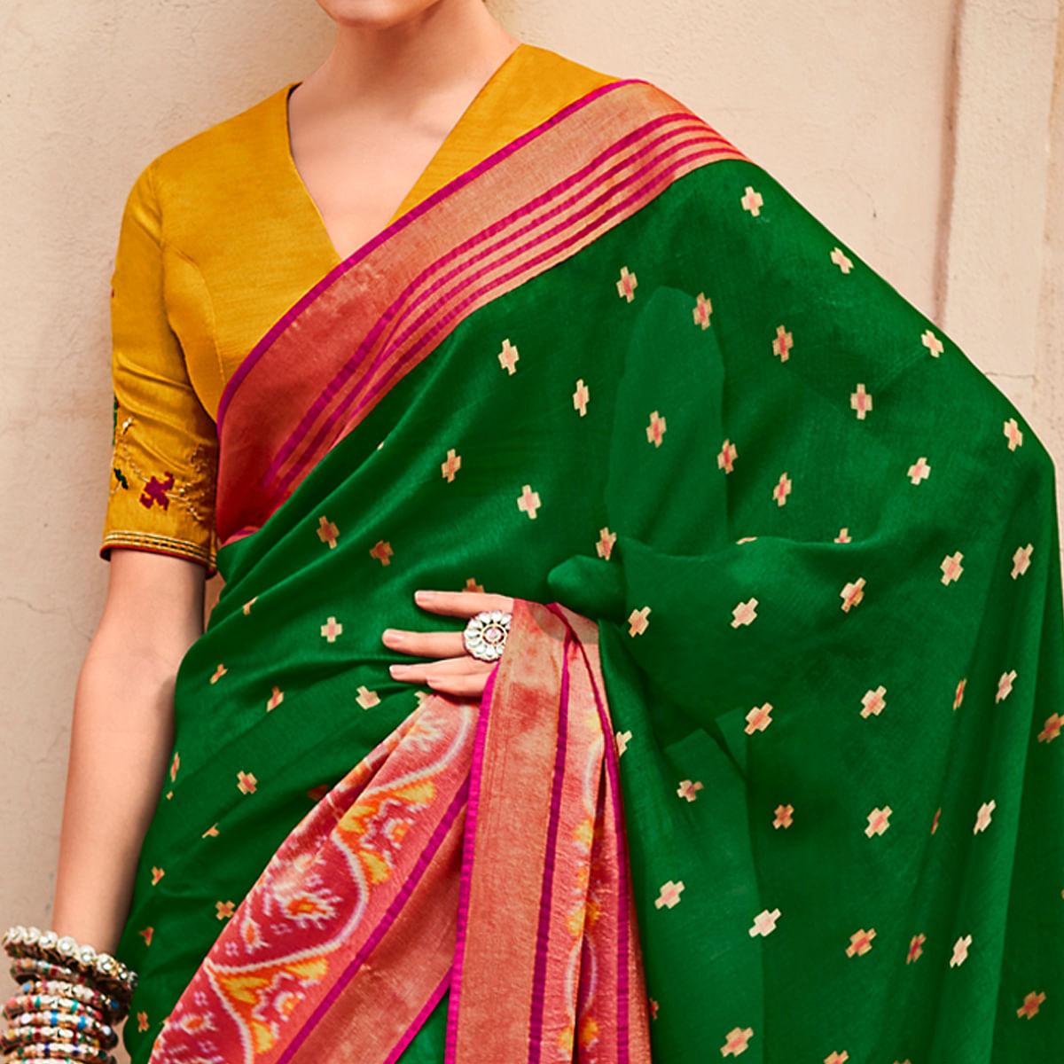 Green & Fuchsia Festive Wear Printed Silk Saree - Peachmode