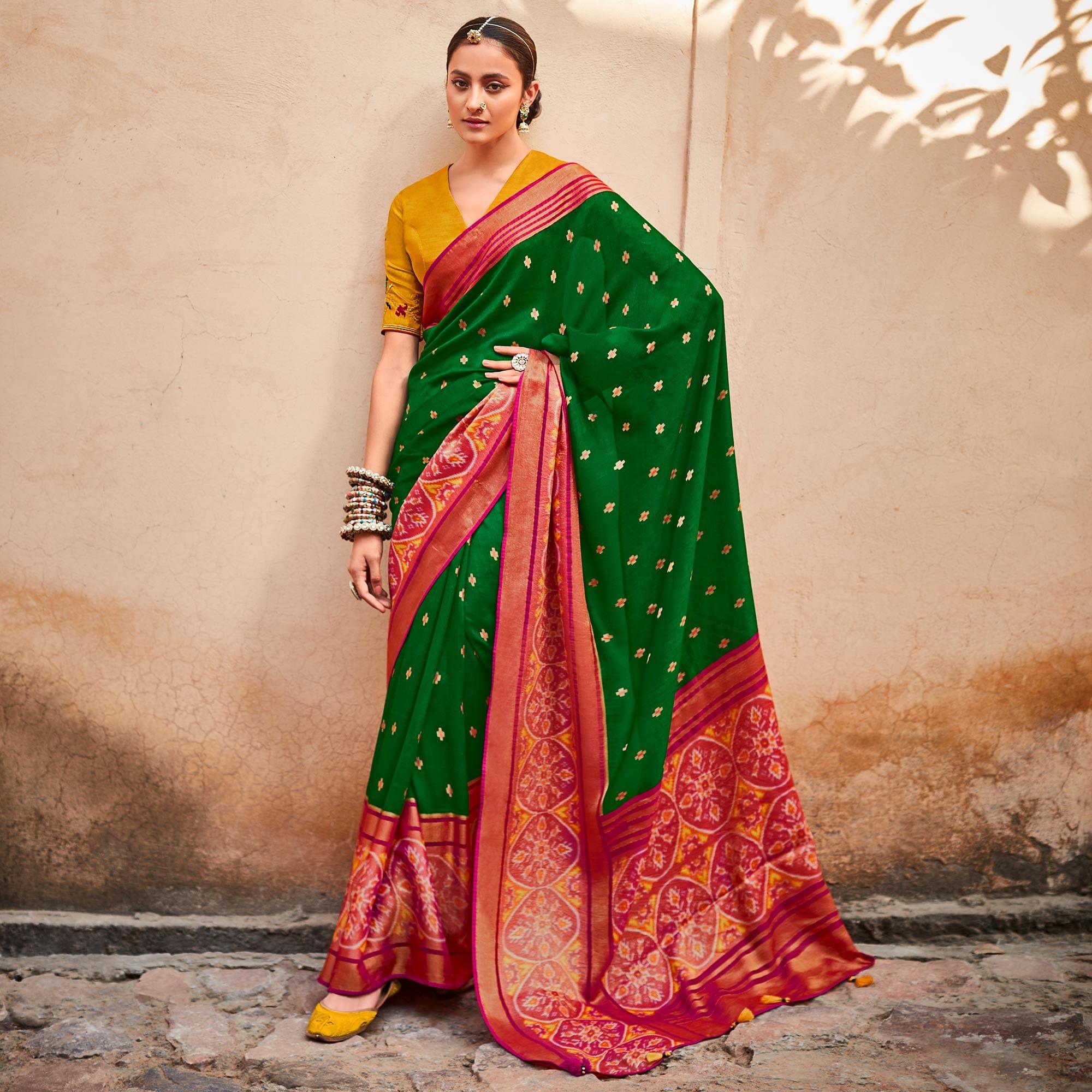 Green & Fuchsia Festive Wear Printed Silk Saree - Peachmode