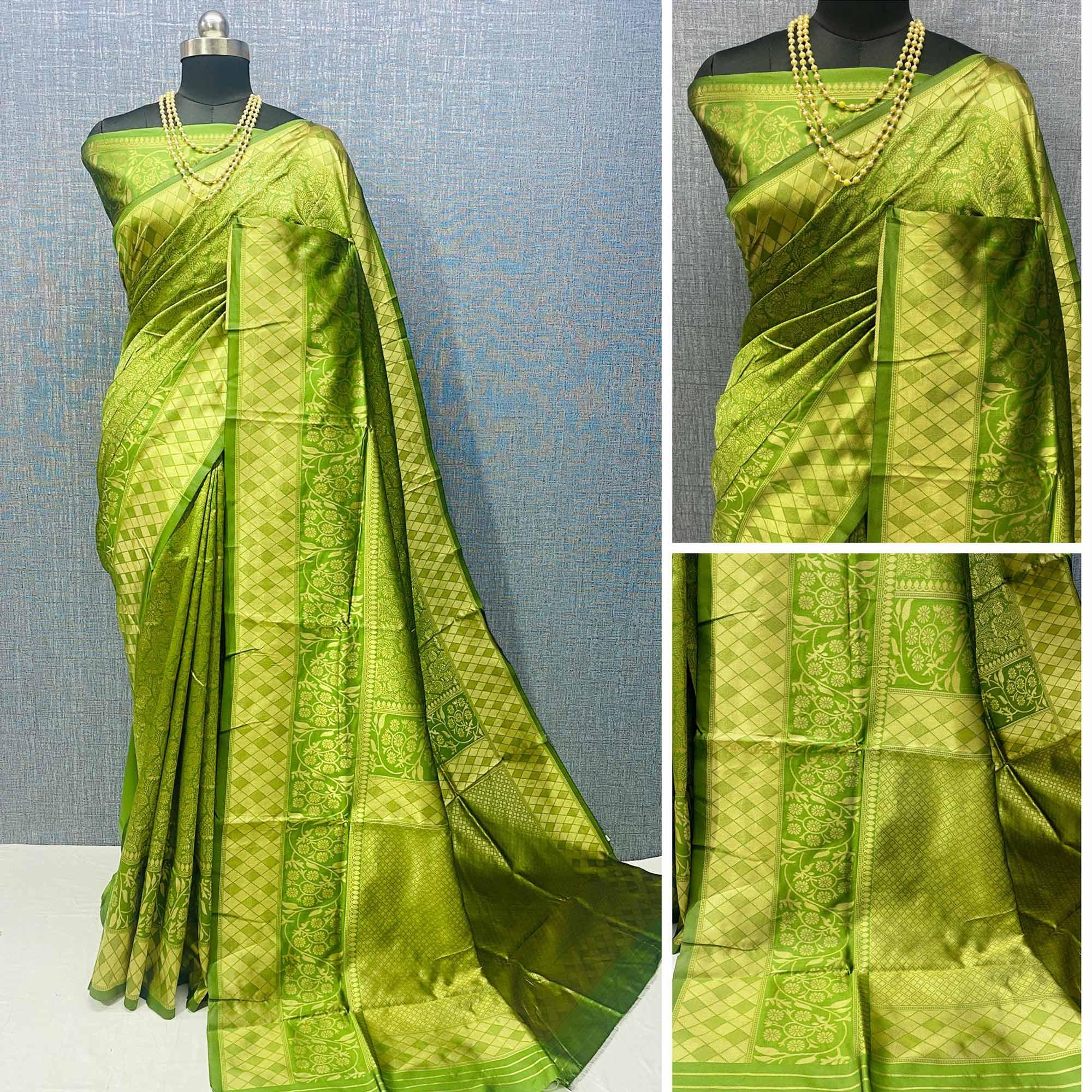Green & Golden Woven Banarasi Silk Saree - Peachmode