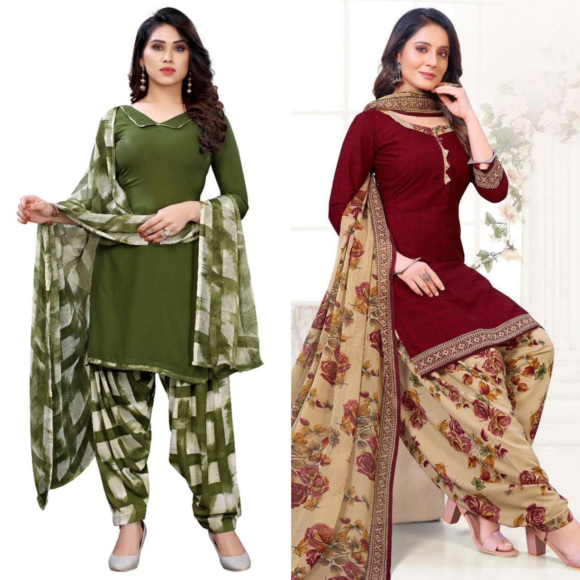 Green And Maroon Patiala Crepe Dress Material Pack Of 2 - Peachmode