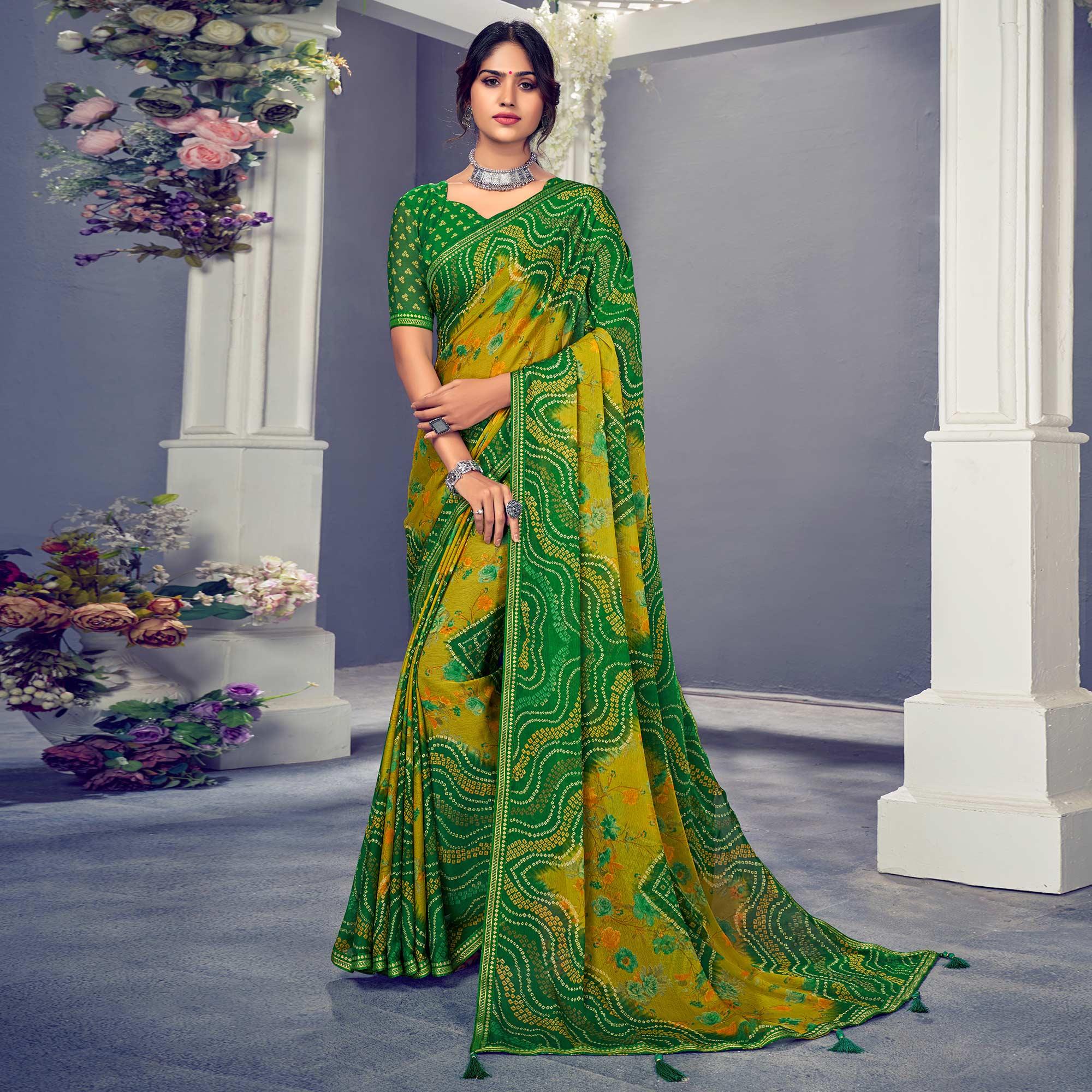 Green & Mustard Bandhani Printed Chiffon Saree With Tassels - Peachmode