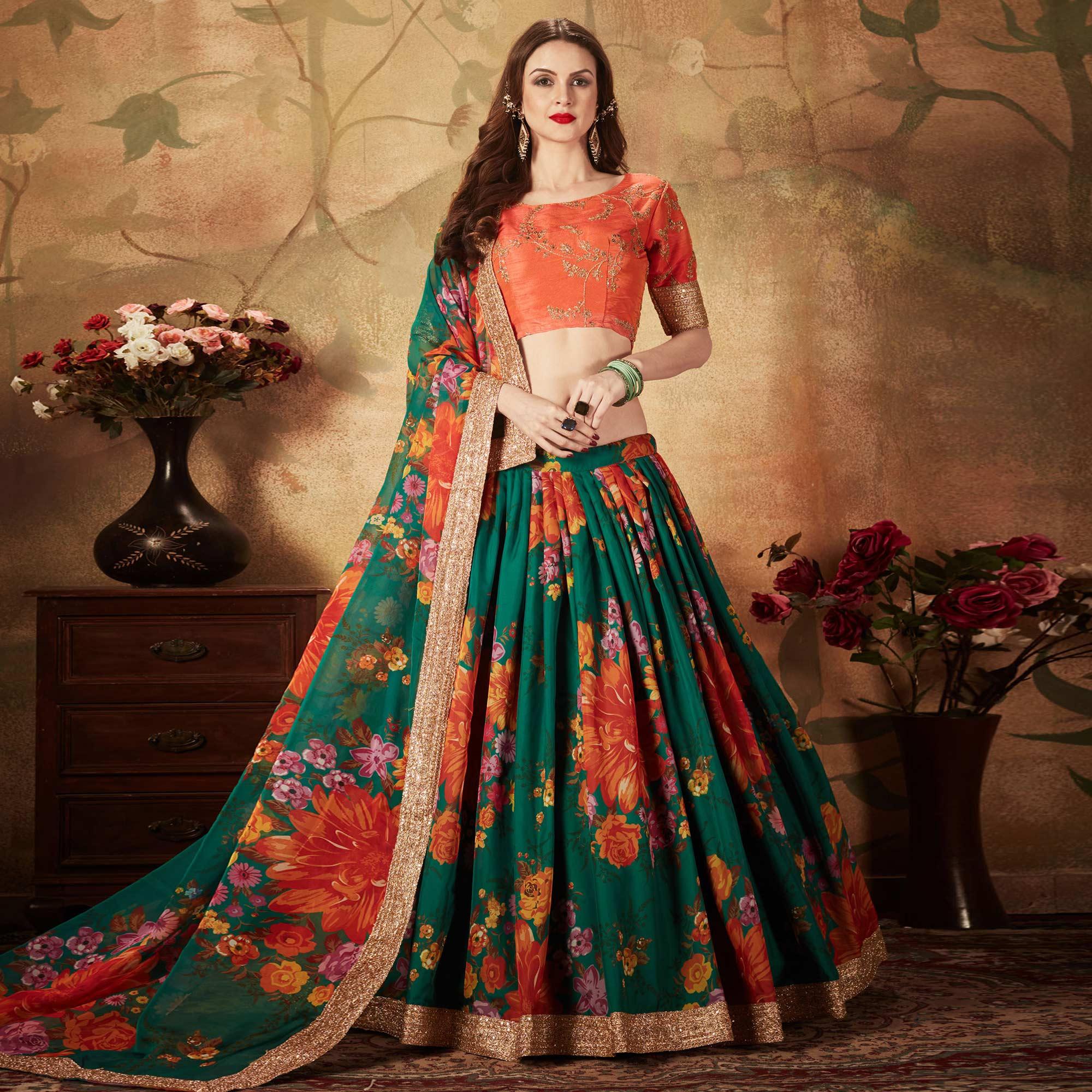 Green & Orange Partywear Floral Print With Sequins Embroidery Organza Lehenga Choli - Peachmode