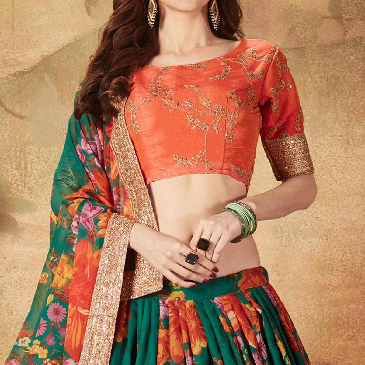 Green & Orange Partywear Floral Print With Sequins Embroidery Organza Lehenga Choli - Peachmode
